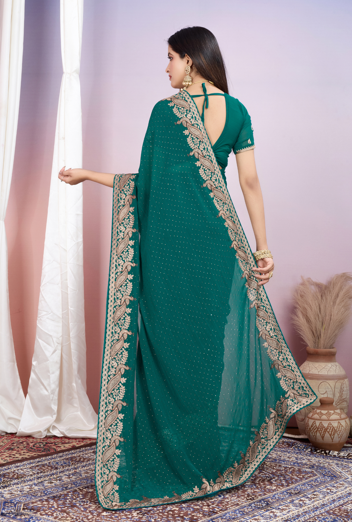 Regal Teal Green Saree with Exquisite Golden Embroidery