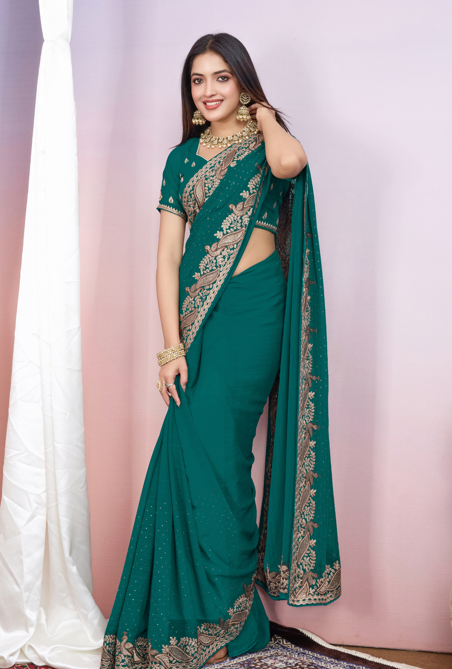 Regal Teal Green Saree with Exquisite Golden Embroidery