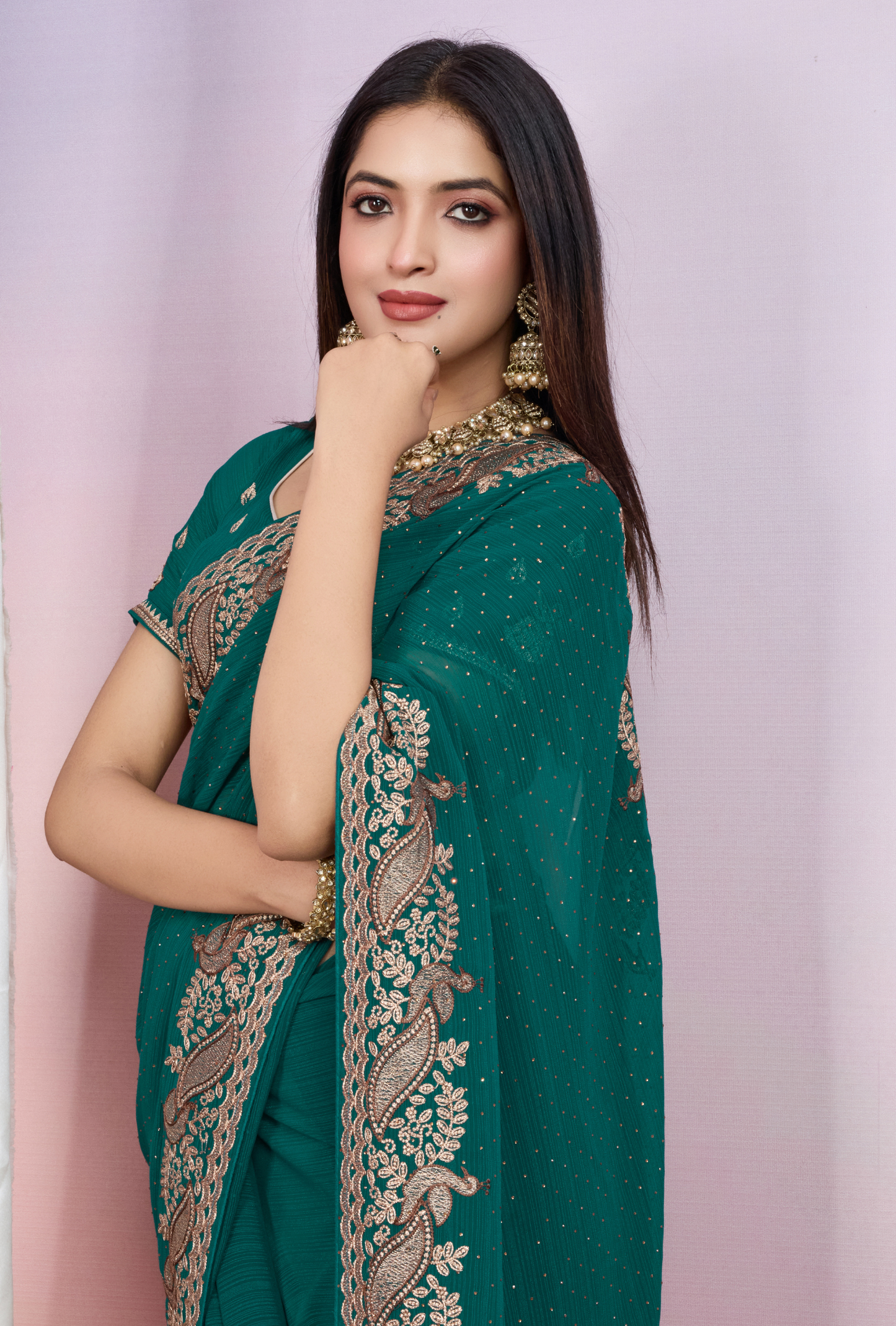 Regal Teal Green Saree with Exquisite Golden Embroidery