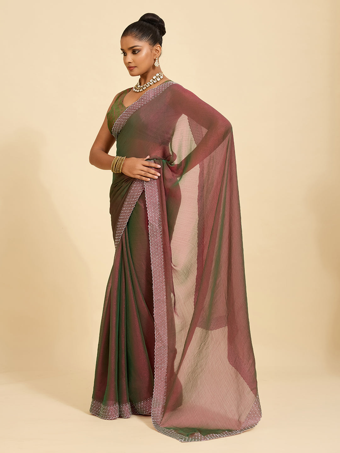 Dual Shade Magic – A Saree that Glows in Wine & Green
