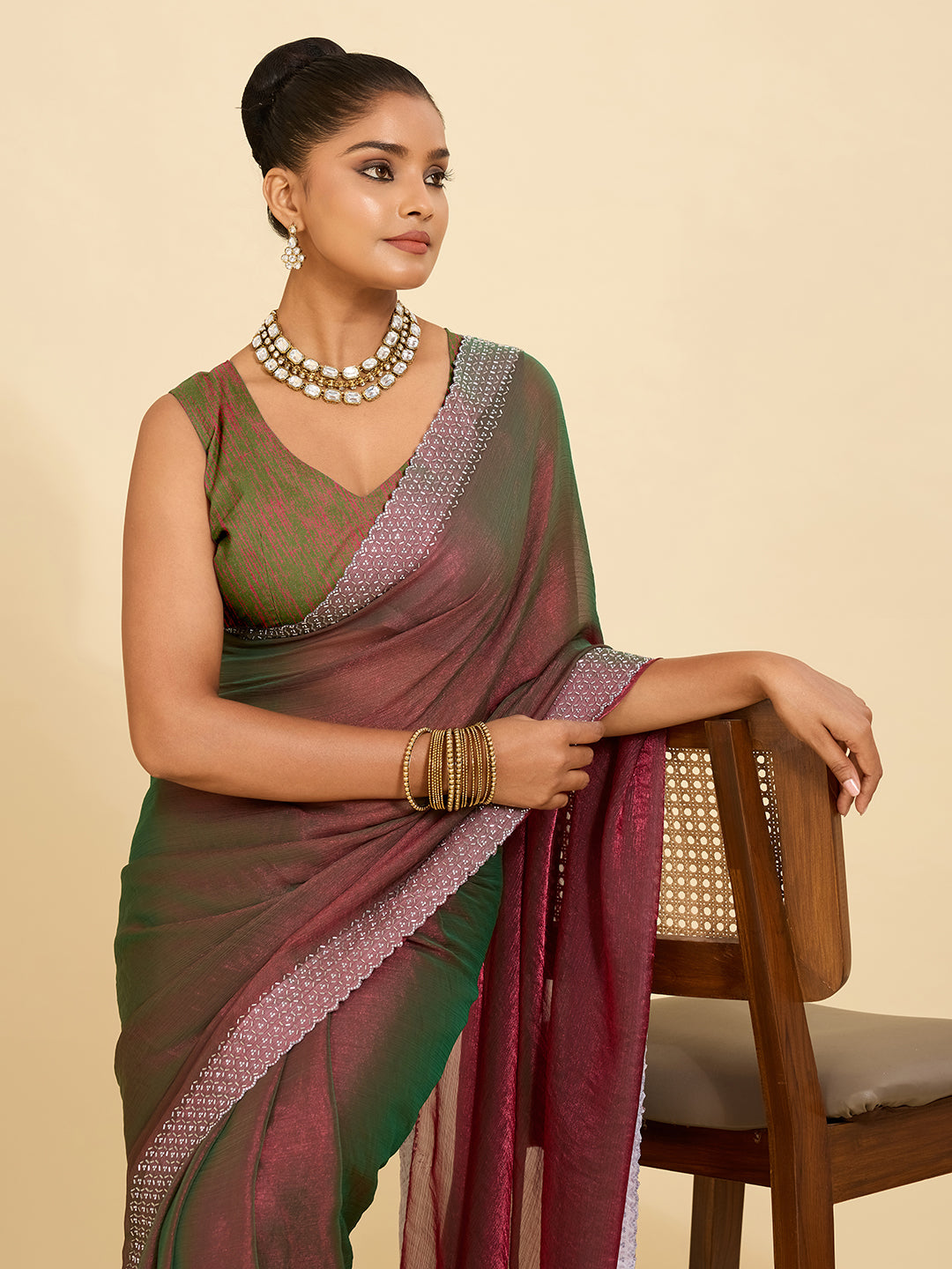 Dual Shade Magic – A Saree that Glows in Wine & Green