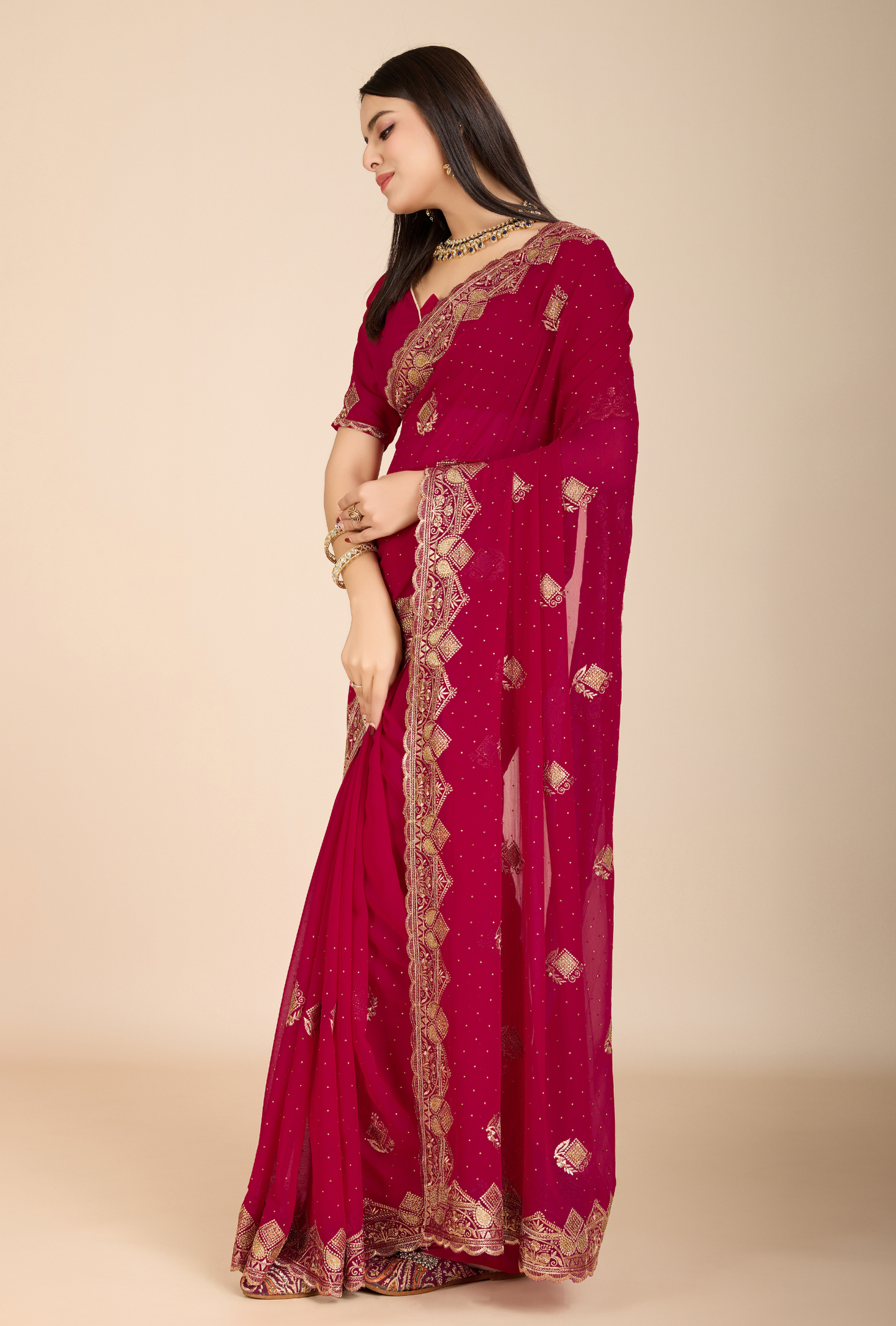 Elegant Deep Maroon Saree with Intricate Golden Embroidery Perfect for Weddings & Festive Occasions