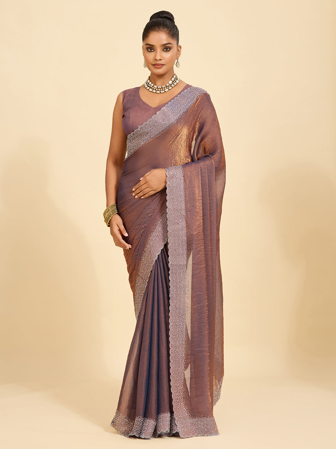 Luxury Redefined – Coffee Brown Saree with Lustrous Copper Touch