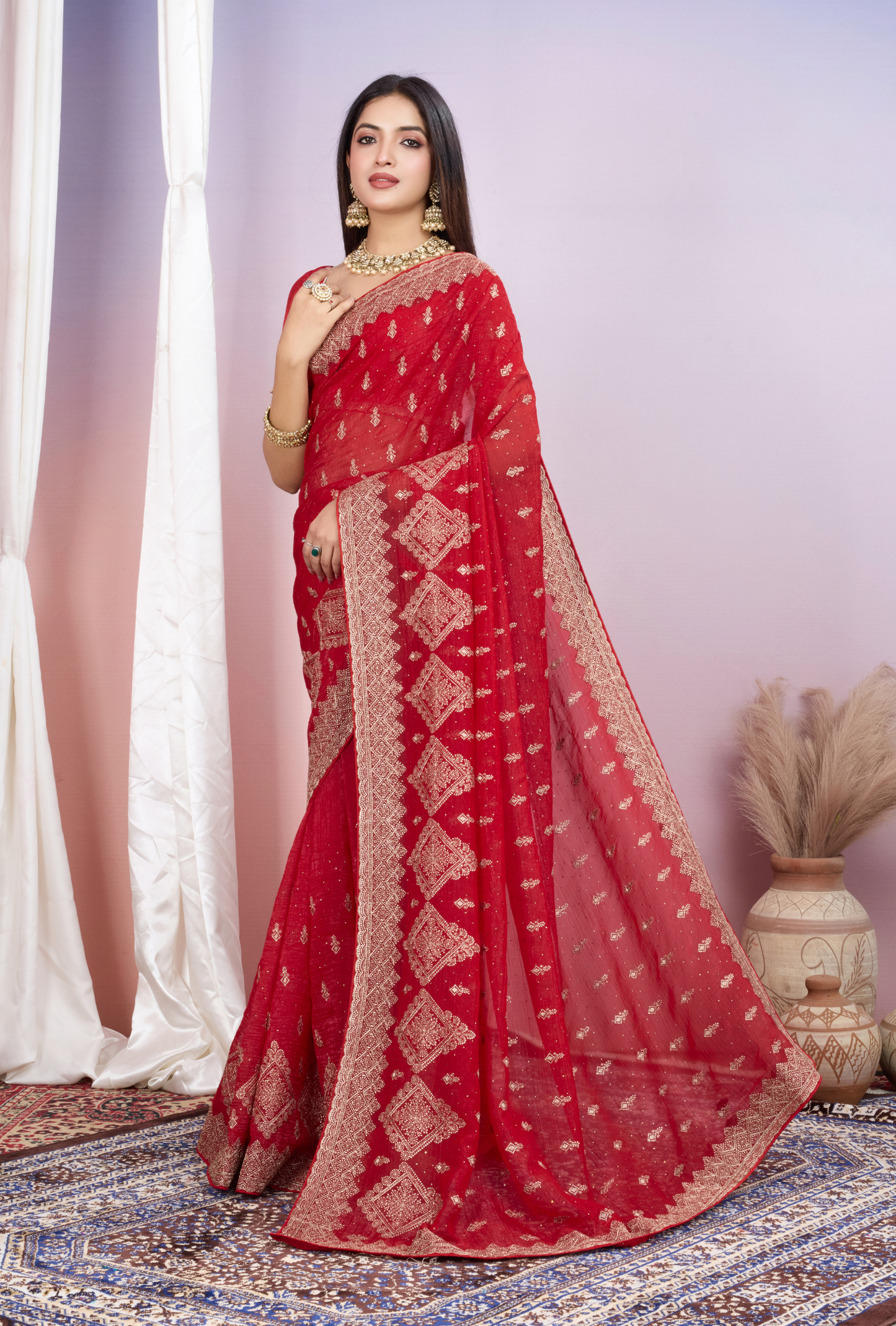Bright Red Saree with Heavy Golden Embroidery & Designer Border