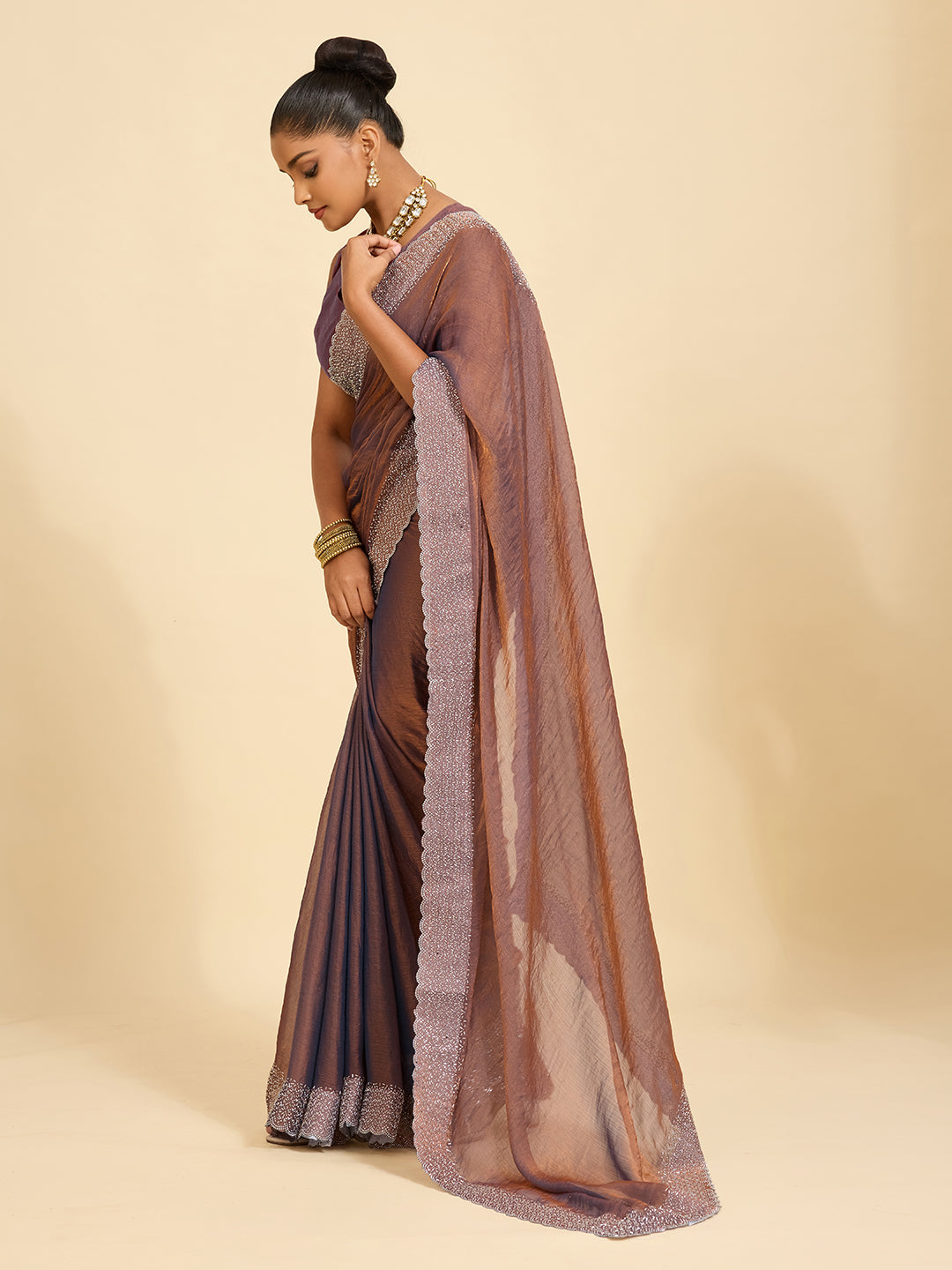 Luxury Redefined – Coffee Brown Saree with Lustrous Copper Touch