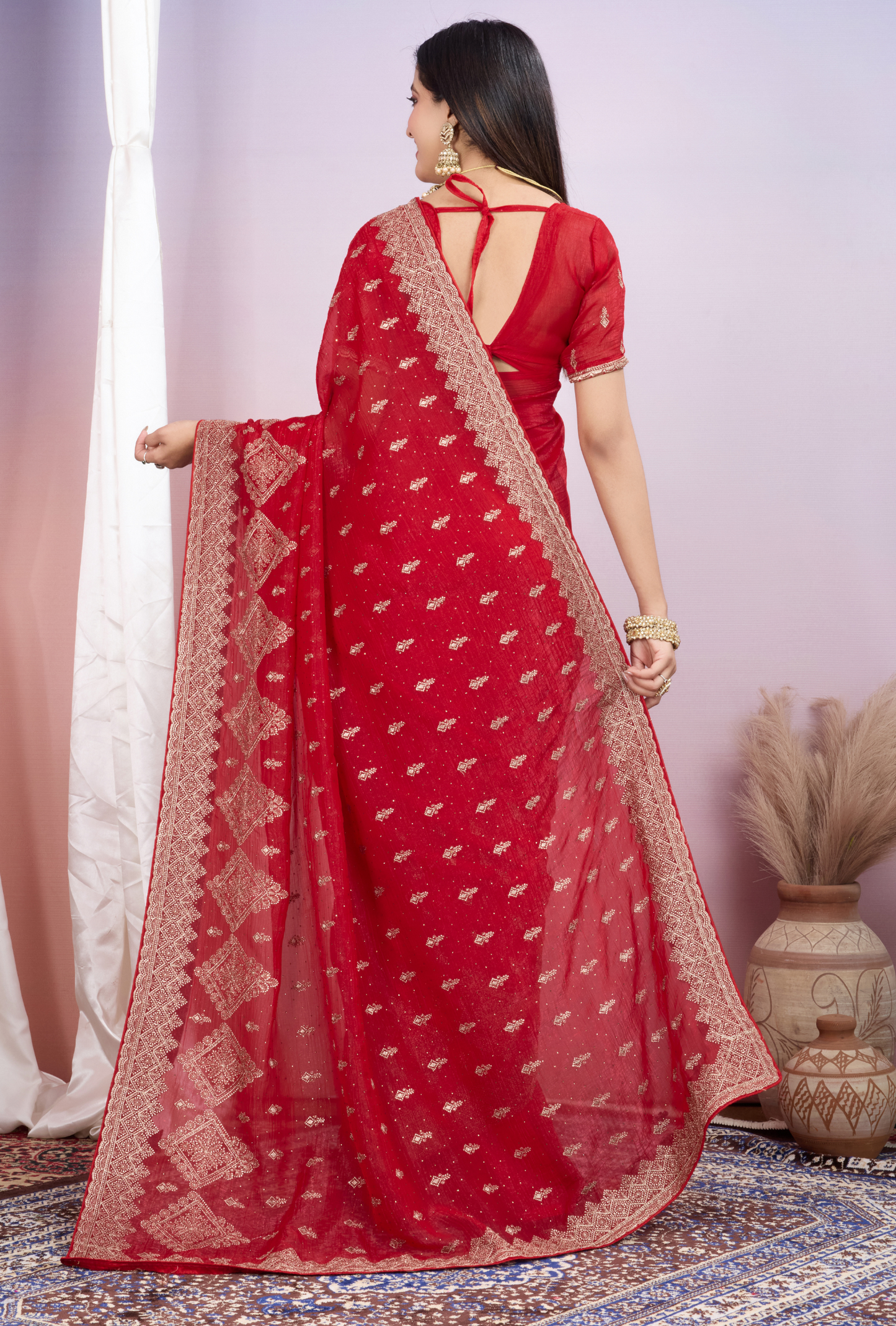 Bright Red Saree with Heavy Golden Embroidery & Designer Border