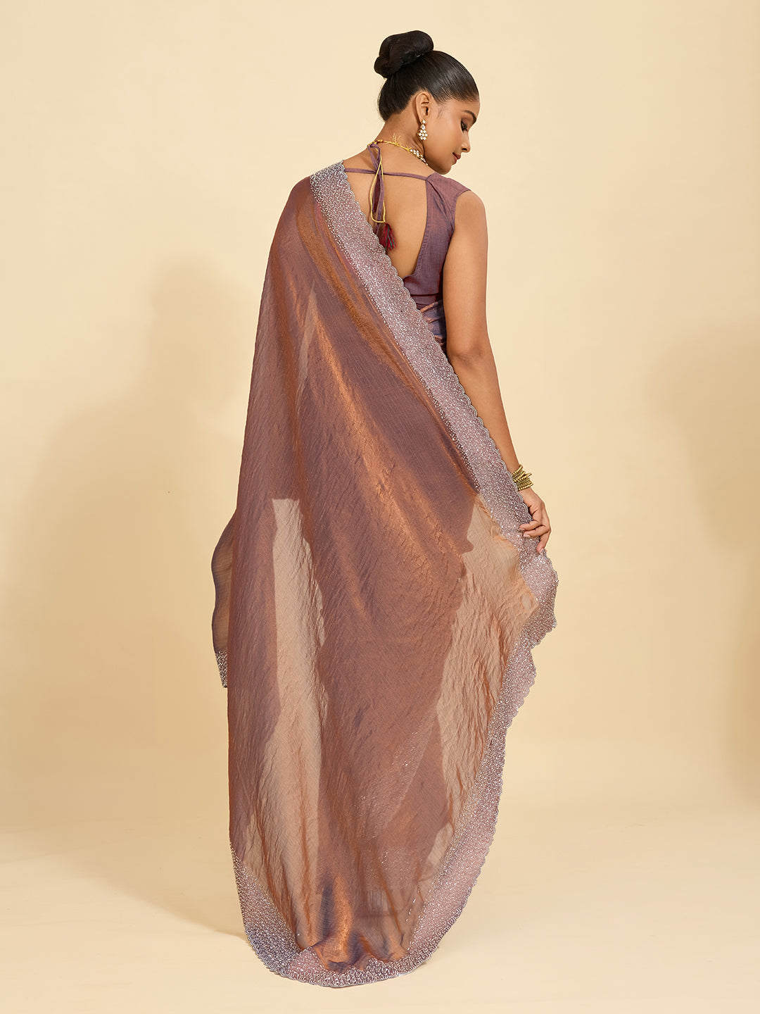 Luxury Redefined – Coffee Brown Saree with Lustrous Copper Touch