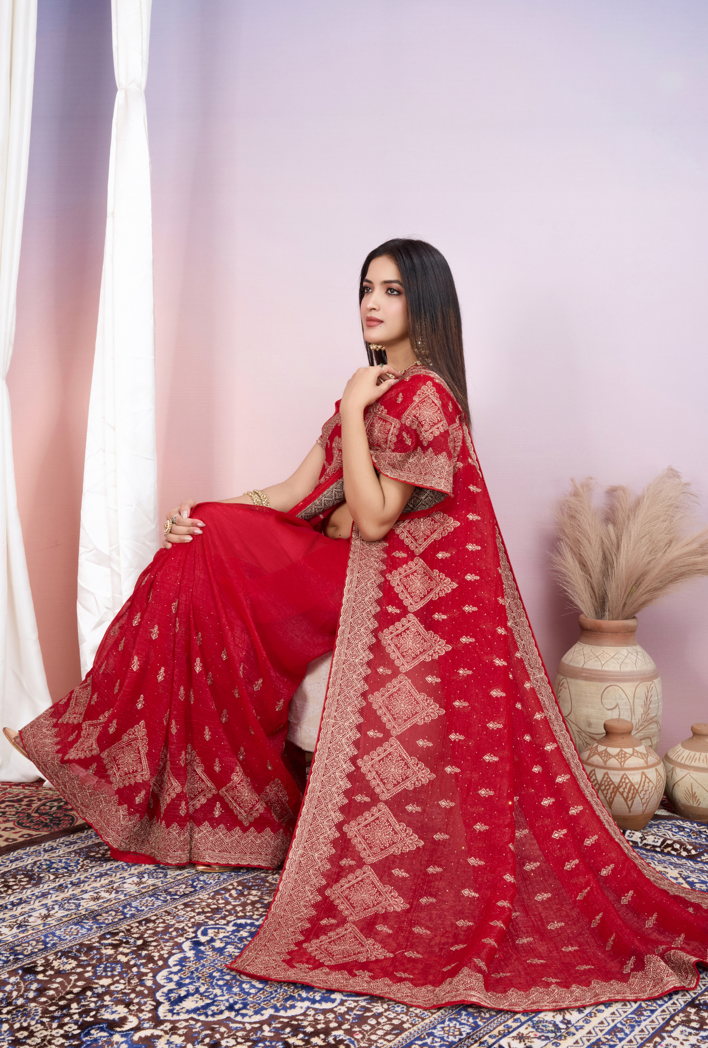 Bright Red Saree with Heavy Golden Embroidery & Designer Border