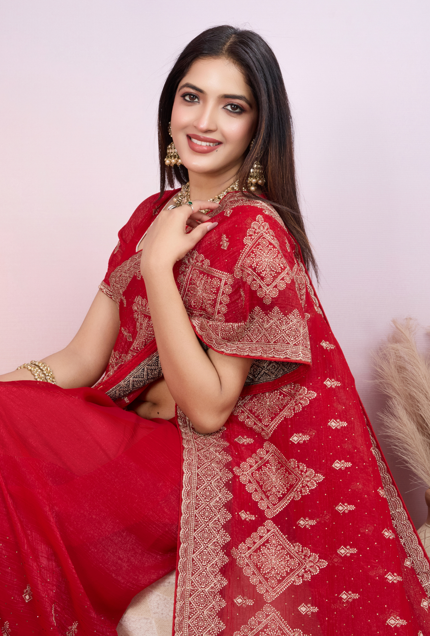 Bright Red Saree with Heavy Golden Embroidery & Designer Border