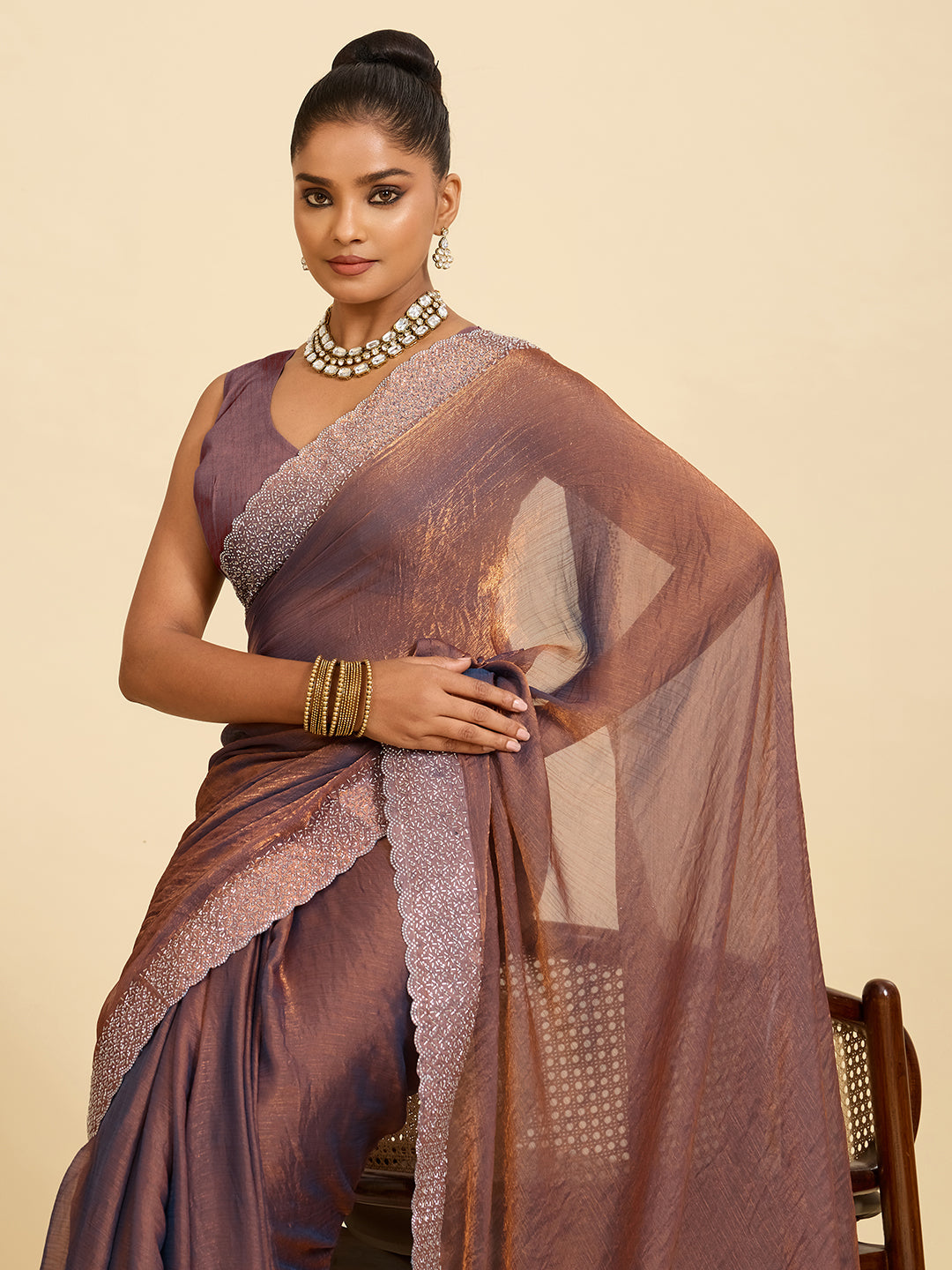 Luxury Redefined – Coffee Brown Saree with Lustrous Copper Touch
