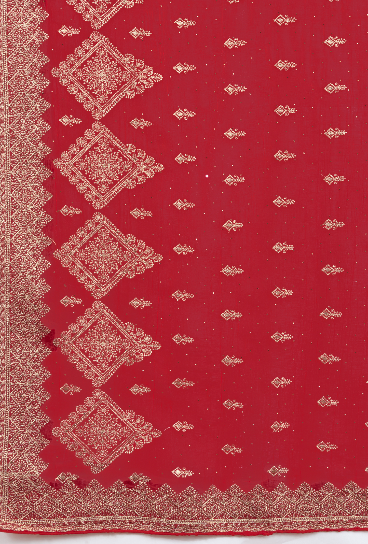 Bright Red Saree with Heavy Golden Embroidery & Designer Border