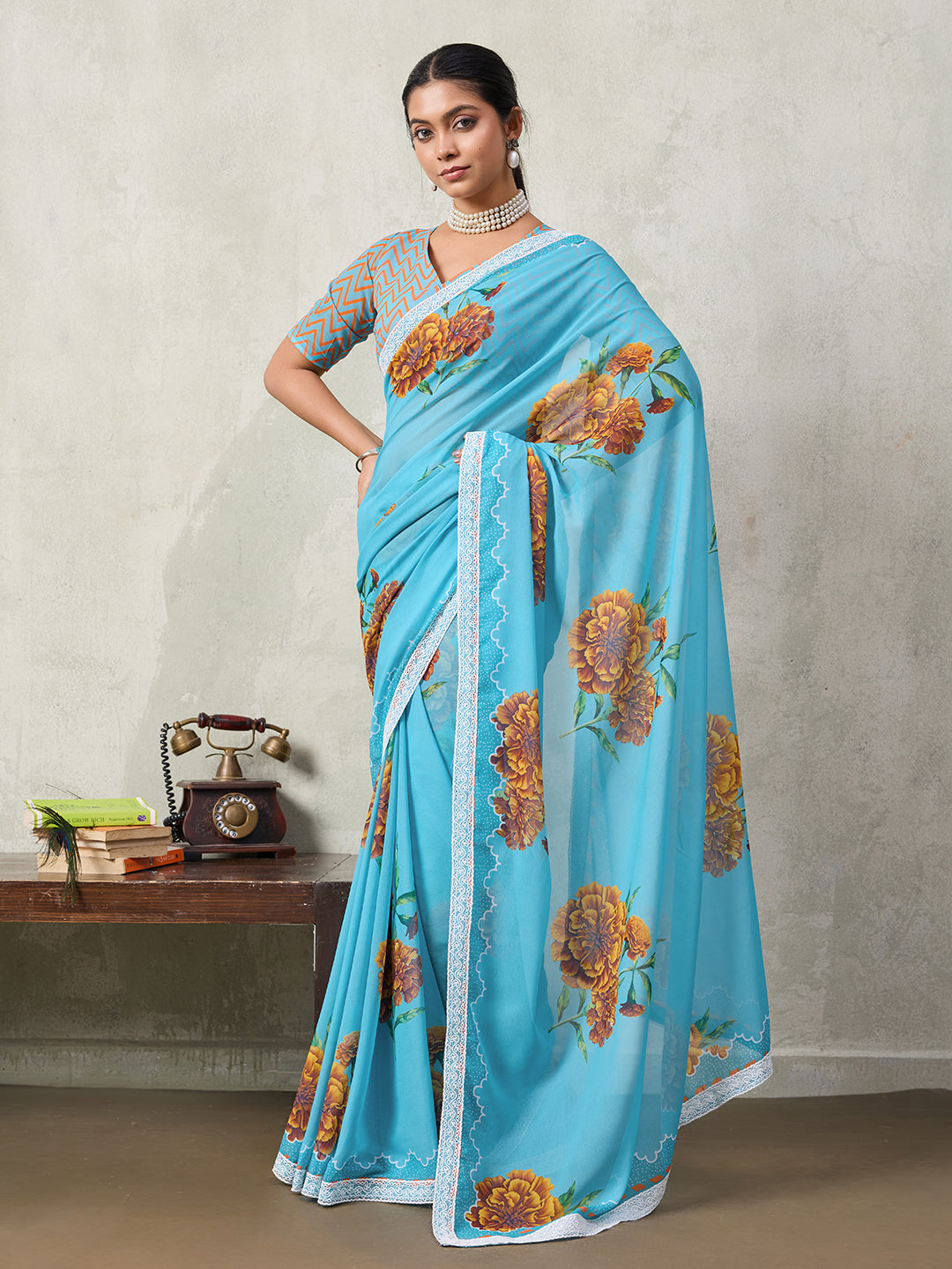 Elegant Floral Printed Georgette Saree with Lace Border