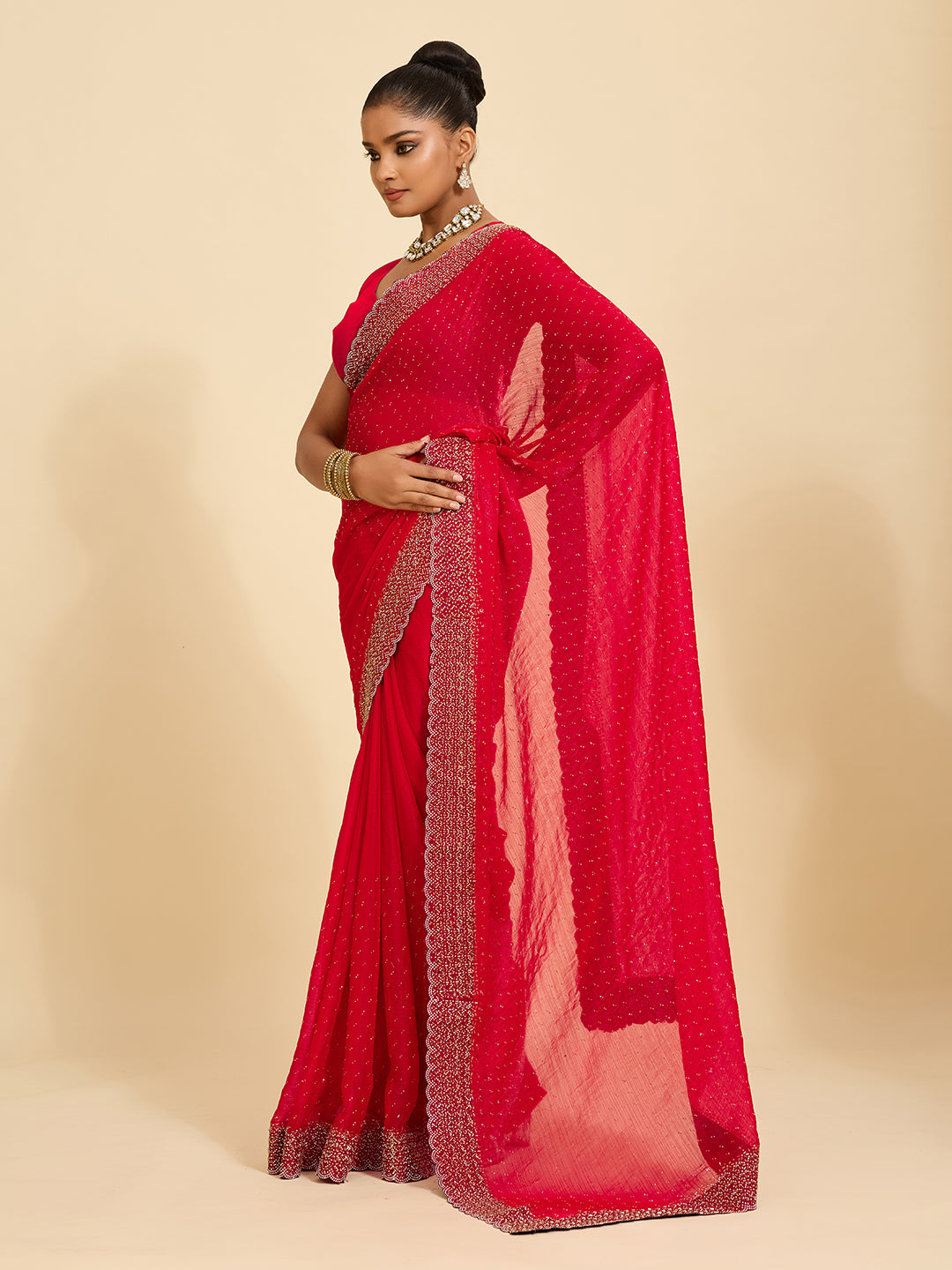 Redefined Grace – Crimson Red Saree Adorned with Pearl Work