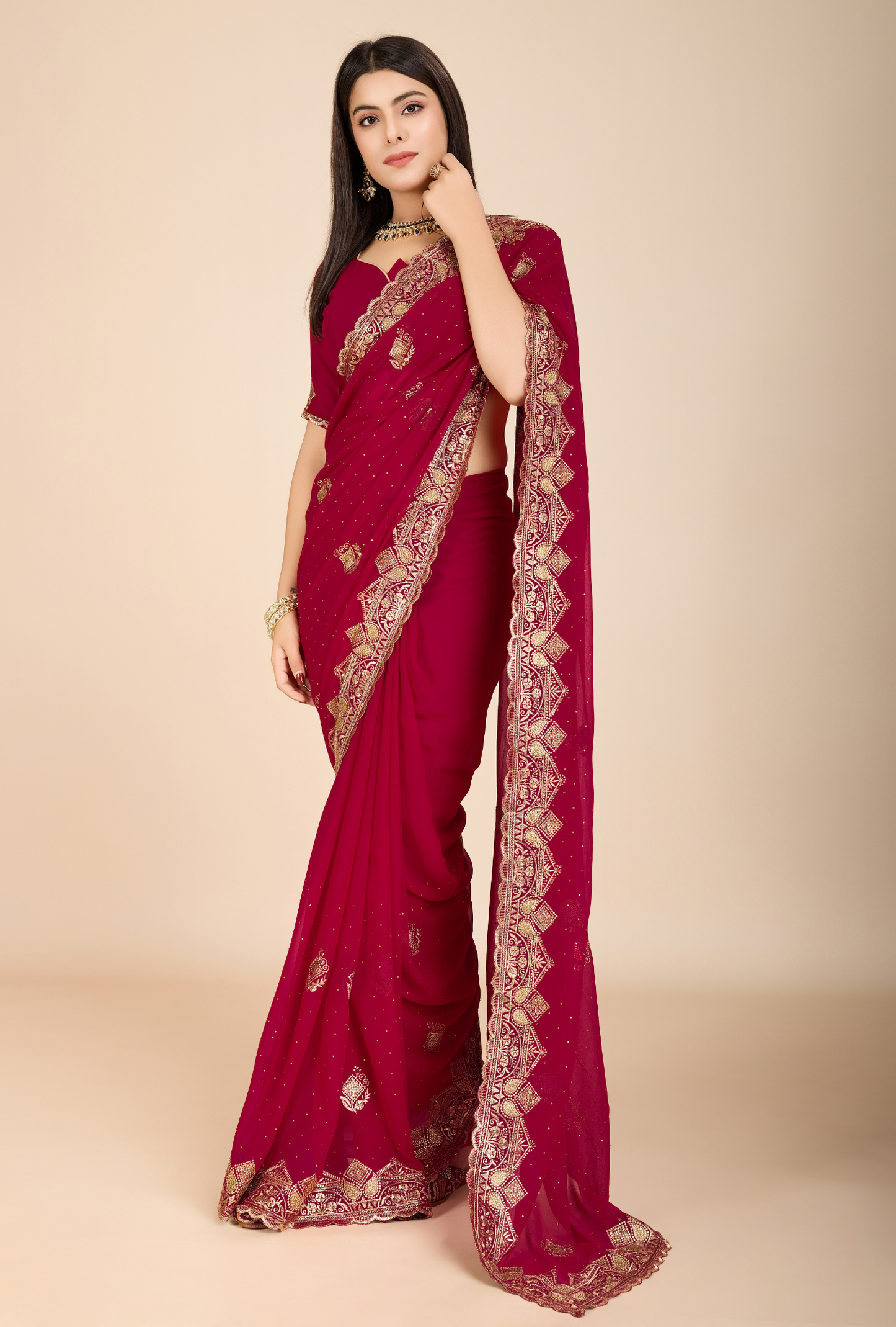 Elegant Deep Maroon Saree with Intricate Golden Embroidery Perfect for Weddings & Festive Occasions