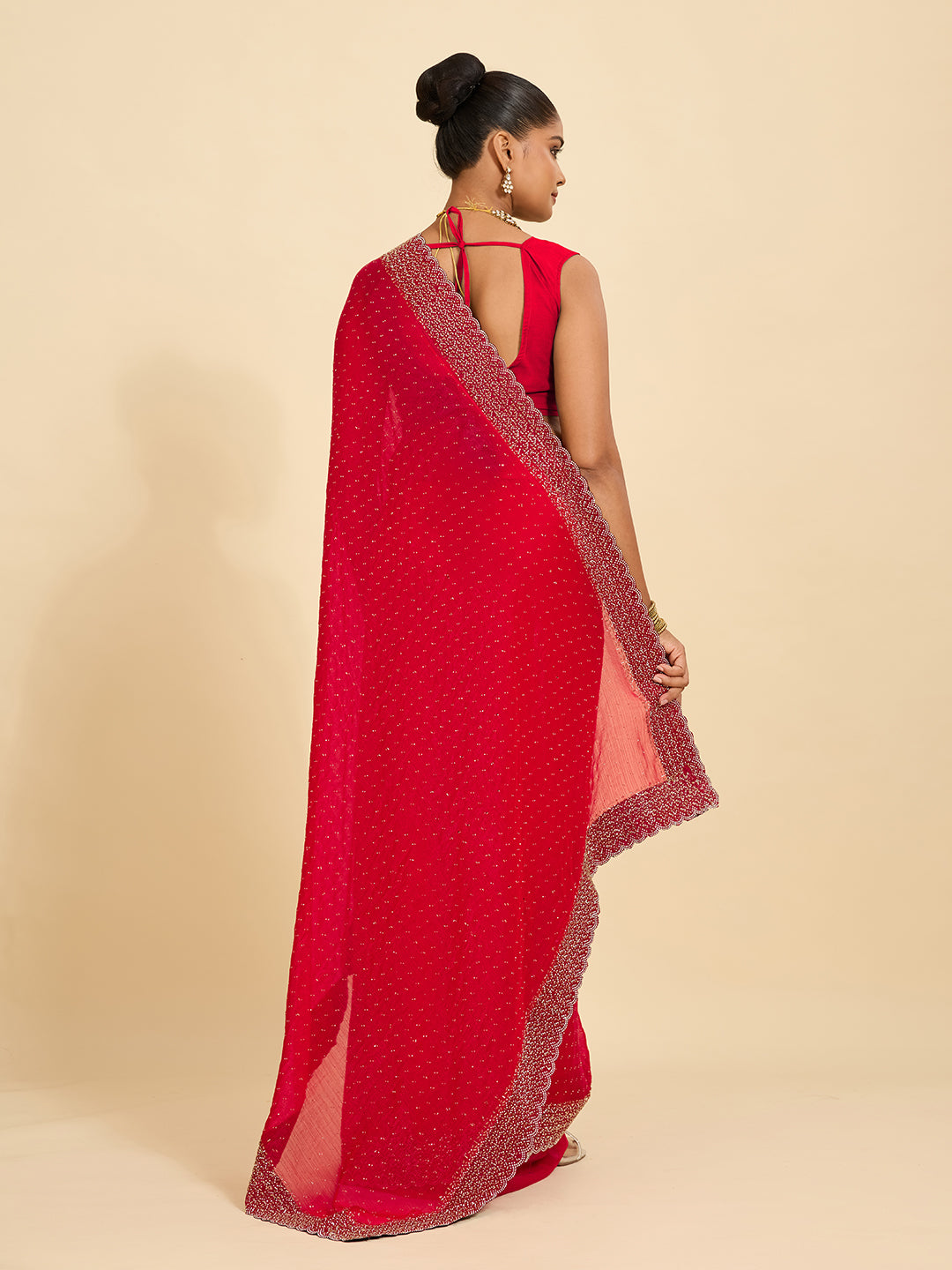 Redefined Grace – Crimson Red Saree Adorned with Pearl Work