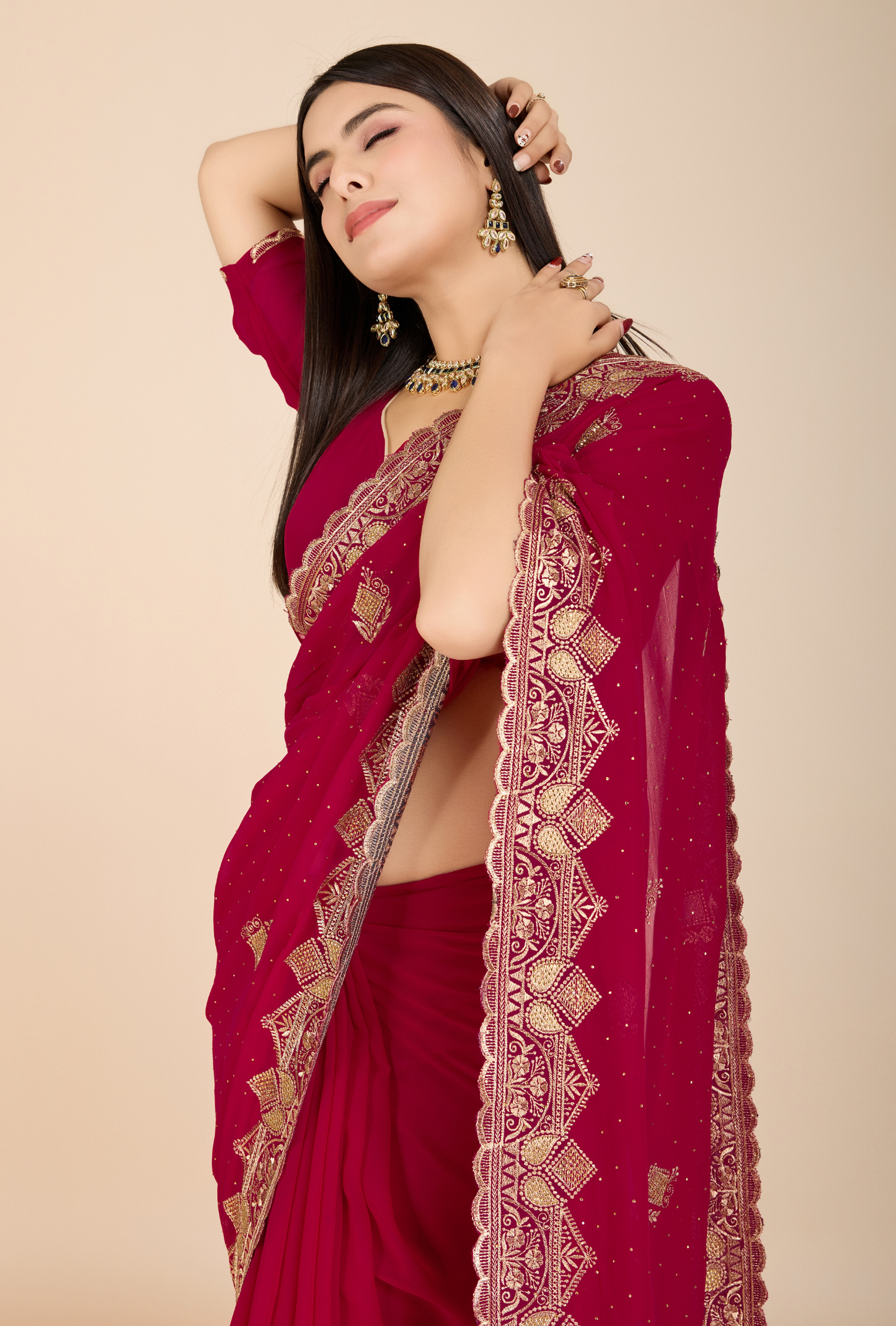 Elegant Deep Maroon Saree with Intricate Golden Embroidery Perfect for Weddings & Festive Occasions