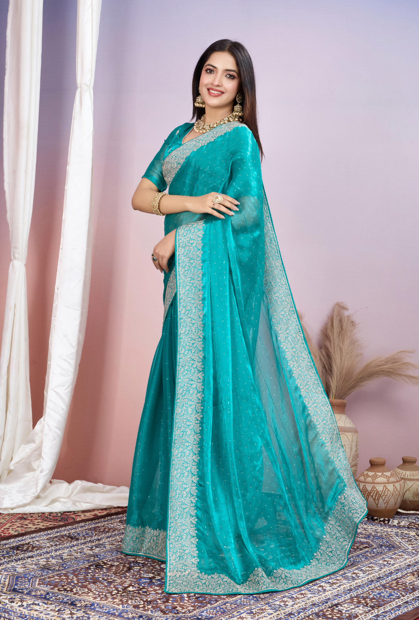 Sea Green Saree with Silver Embroidery & Elegant Border