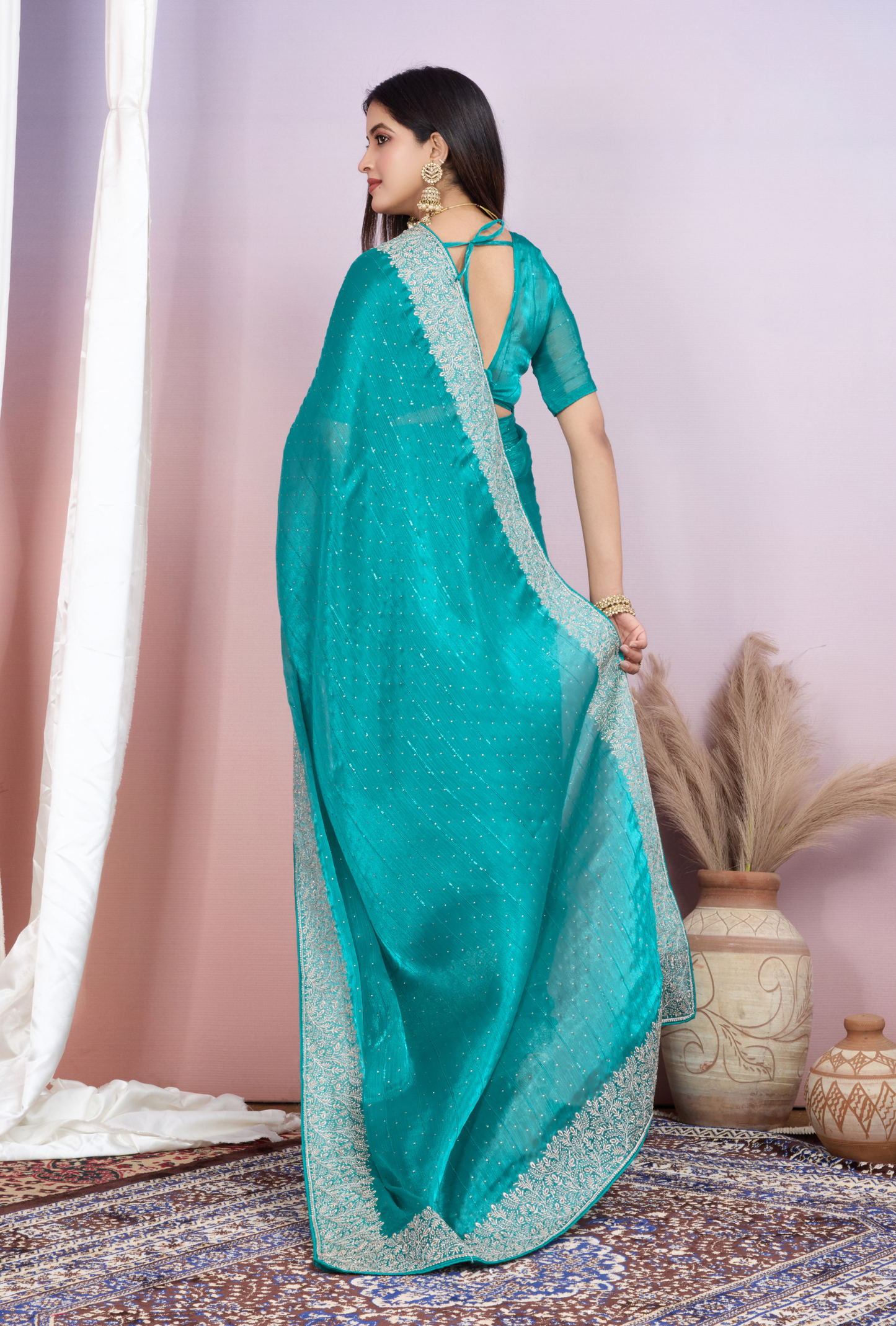 Sea Green Saree with Silver Embroidery & Elegant Border