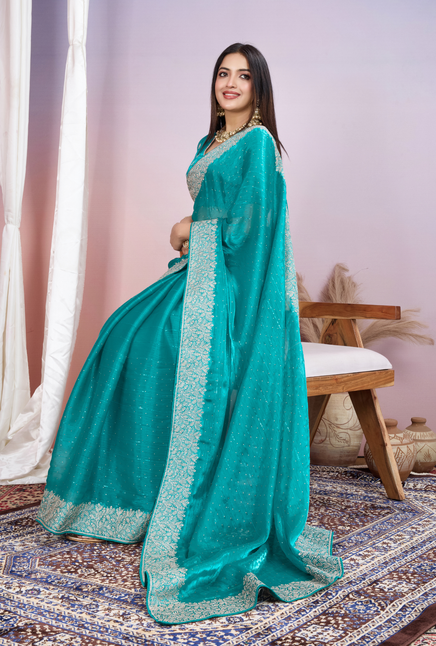 Sea Green Saree with Silver Embroidery & Elegant Border
