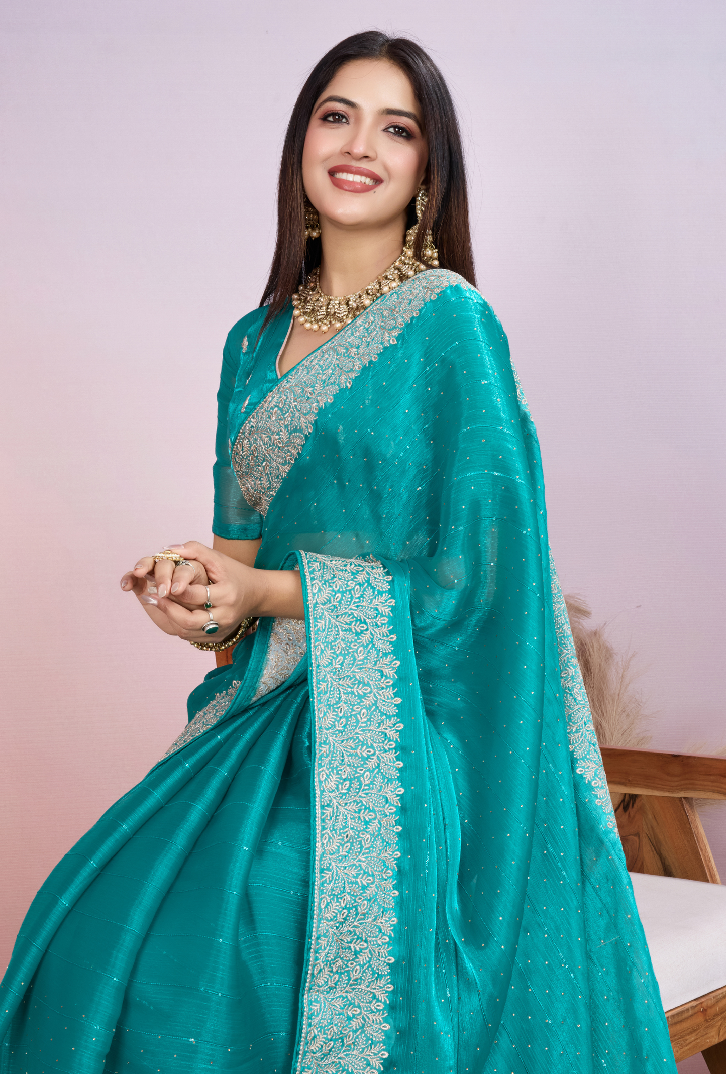 Sea Green Saree with Silver Embroidery & Elegant Border