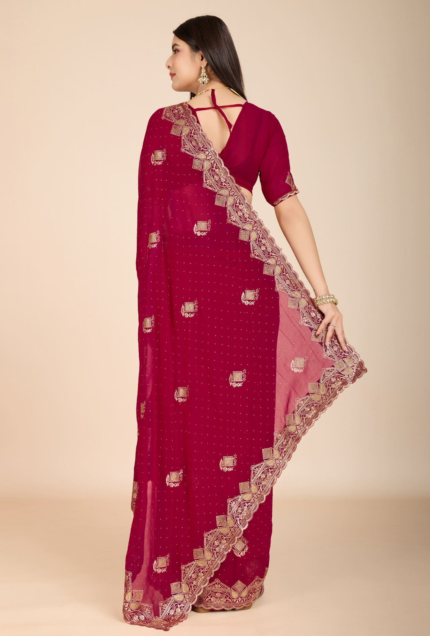 Elegant Deep Maroon Saree with Intricate Golden Embroidery Perfect for Weddings & Festive Occasions