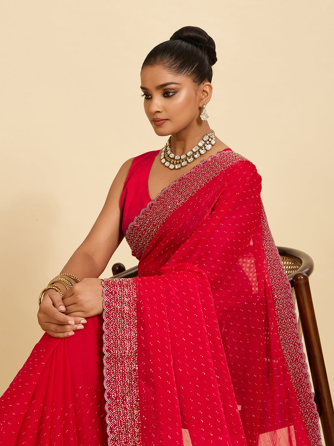 Redefined Grace – Crimson Red Saree Adorned with Pearl Work