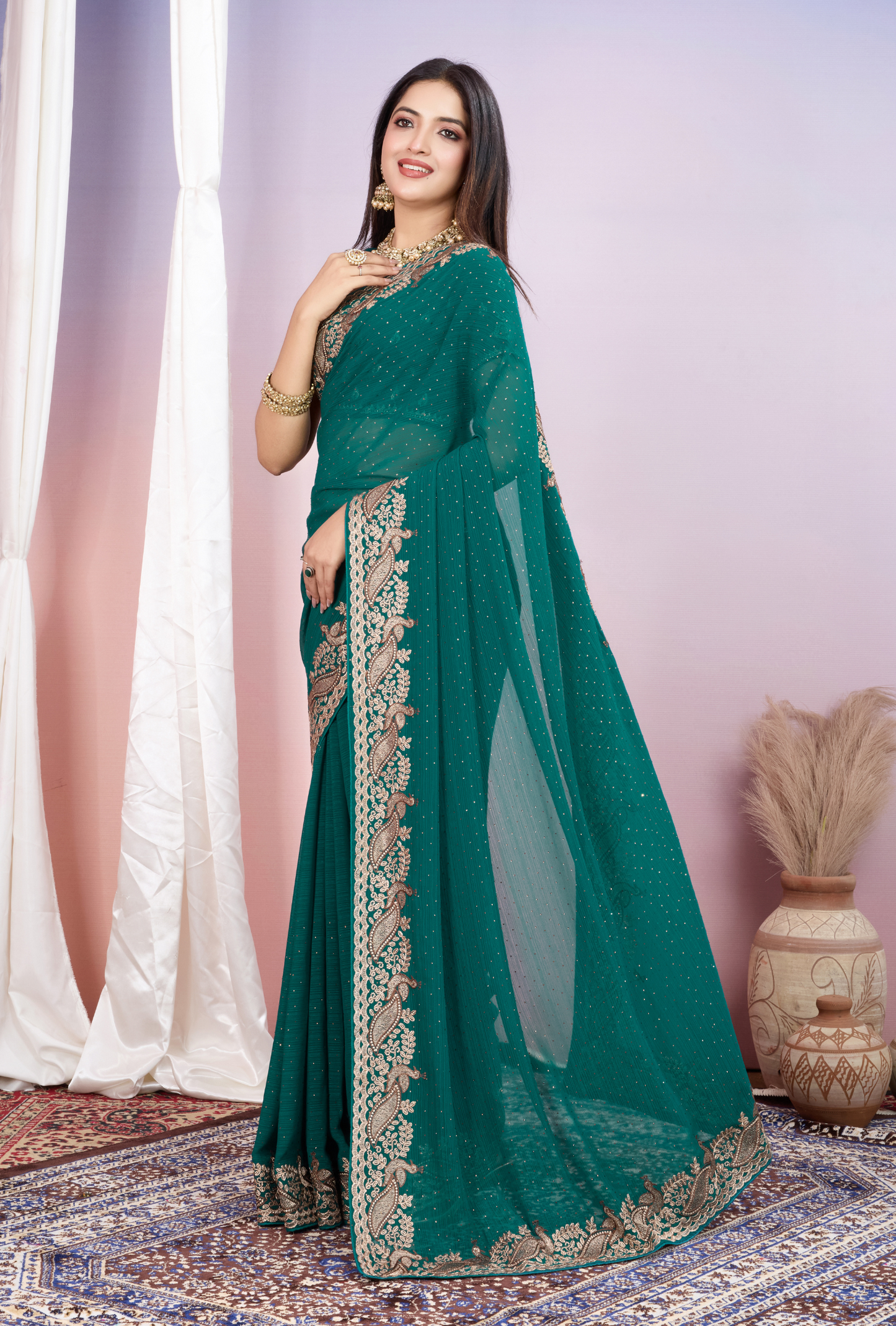Regal Teal Green Saree with Exquisite Golden Embroidery