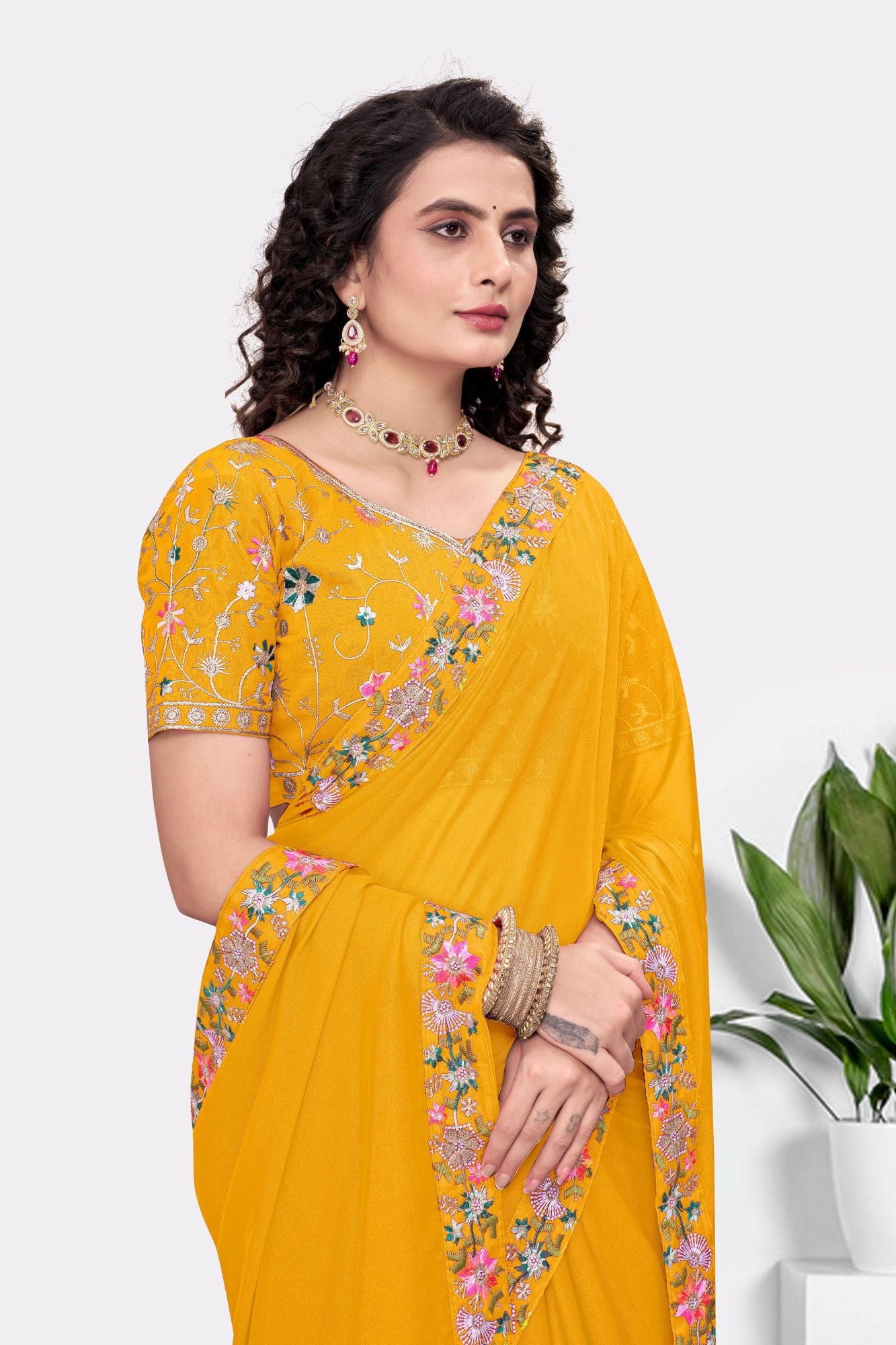 Embroidered Party Saree with Contrast Blouse