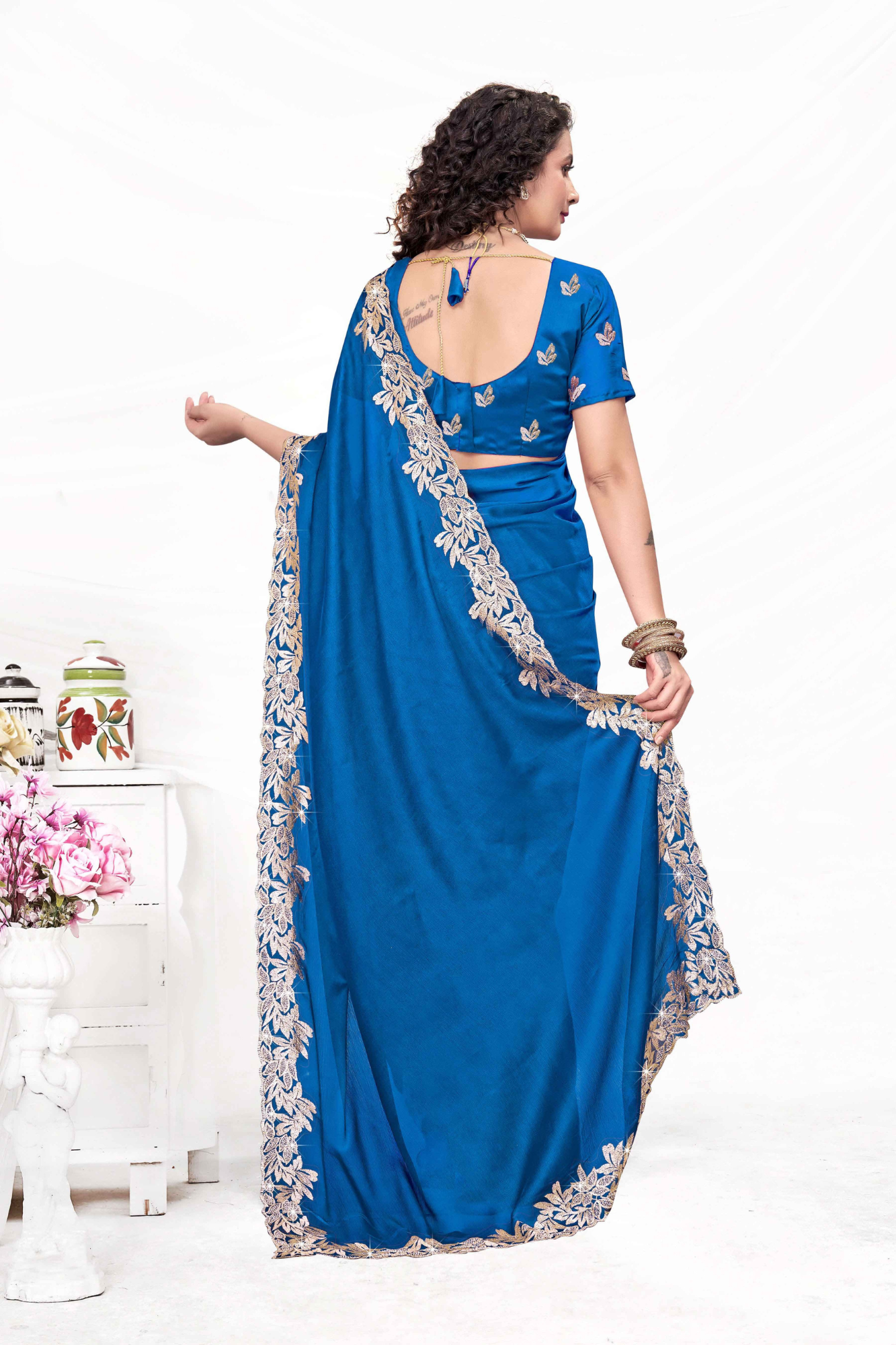 Embroidered Party Saree with Contrast Blouse