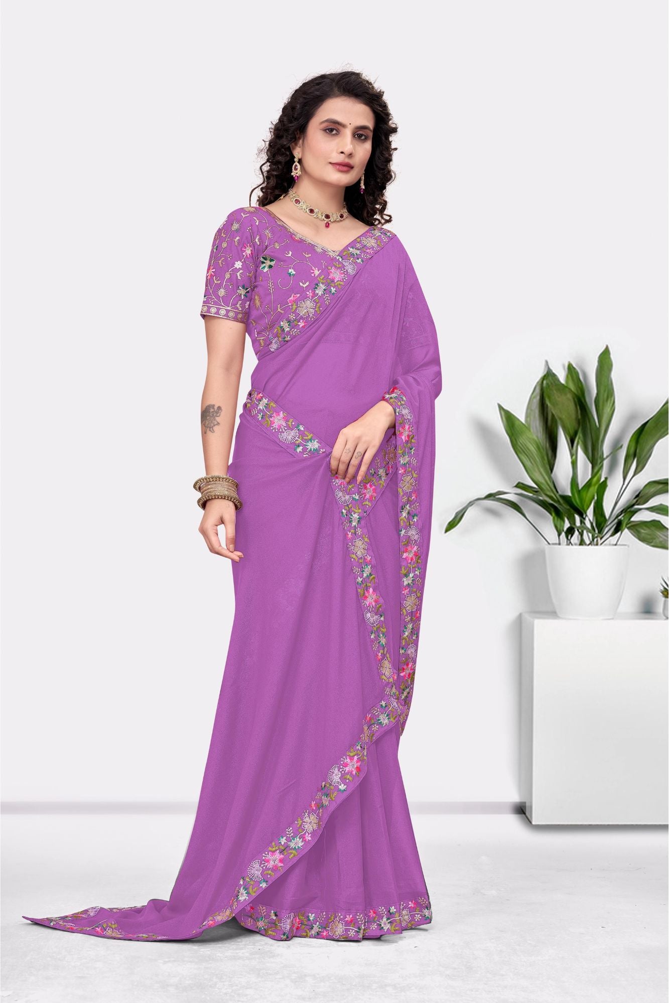Embroidered Party Saree with Contrast Blouse