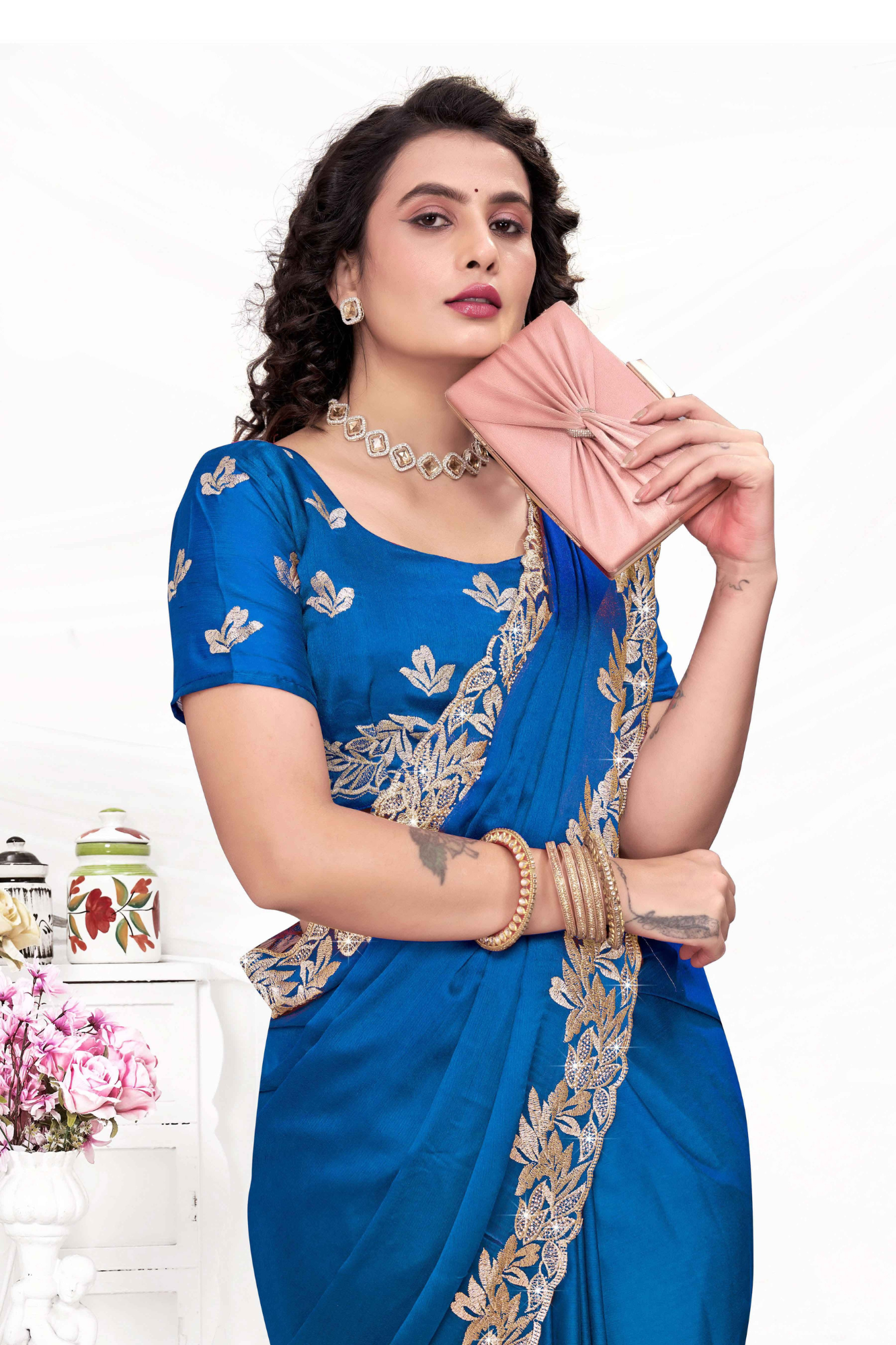 Embroidered Party Saree with Contrast Blouse