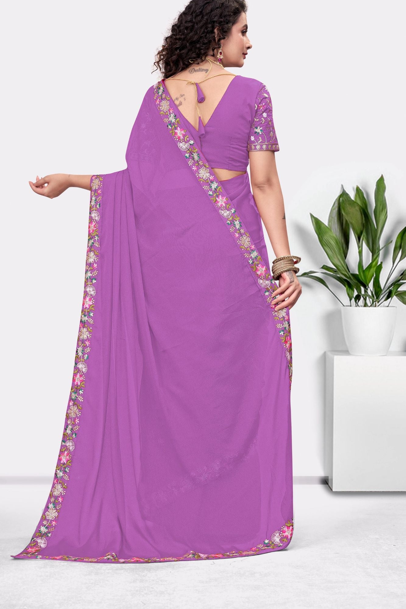 Embroidered Party Saree with Contrast Blouse