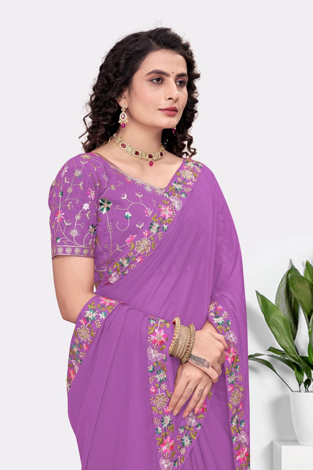 Embroidered Party Saree with Contrast Blouse