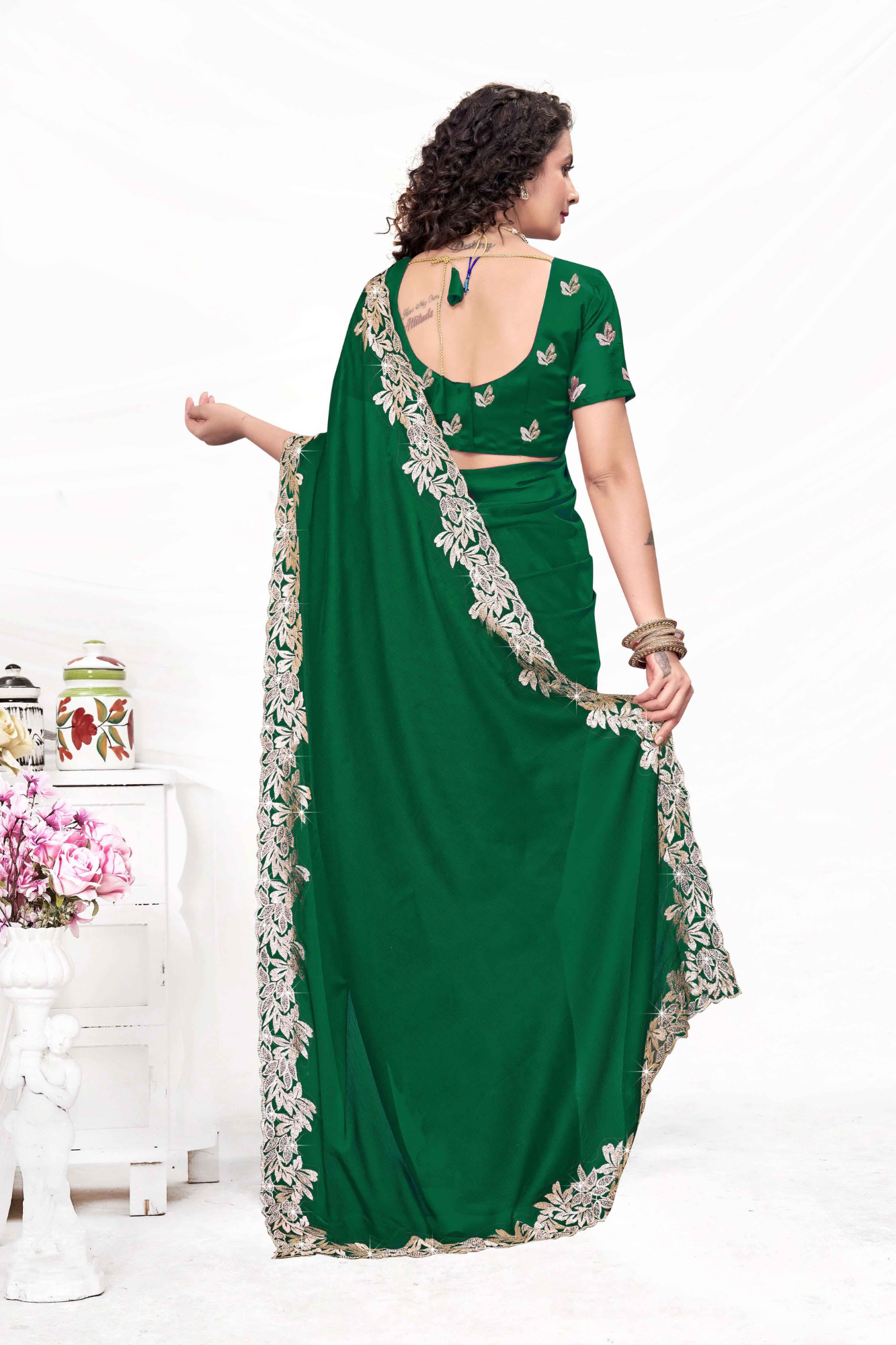 Embroidered Party Saree with Contrast Blouse