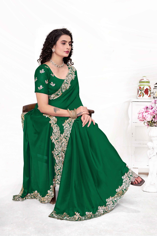 Embroidered Party Saree with Contrast Blouse