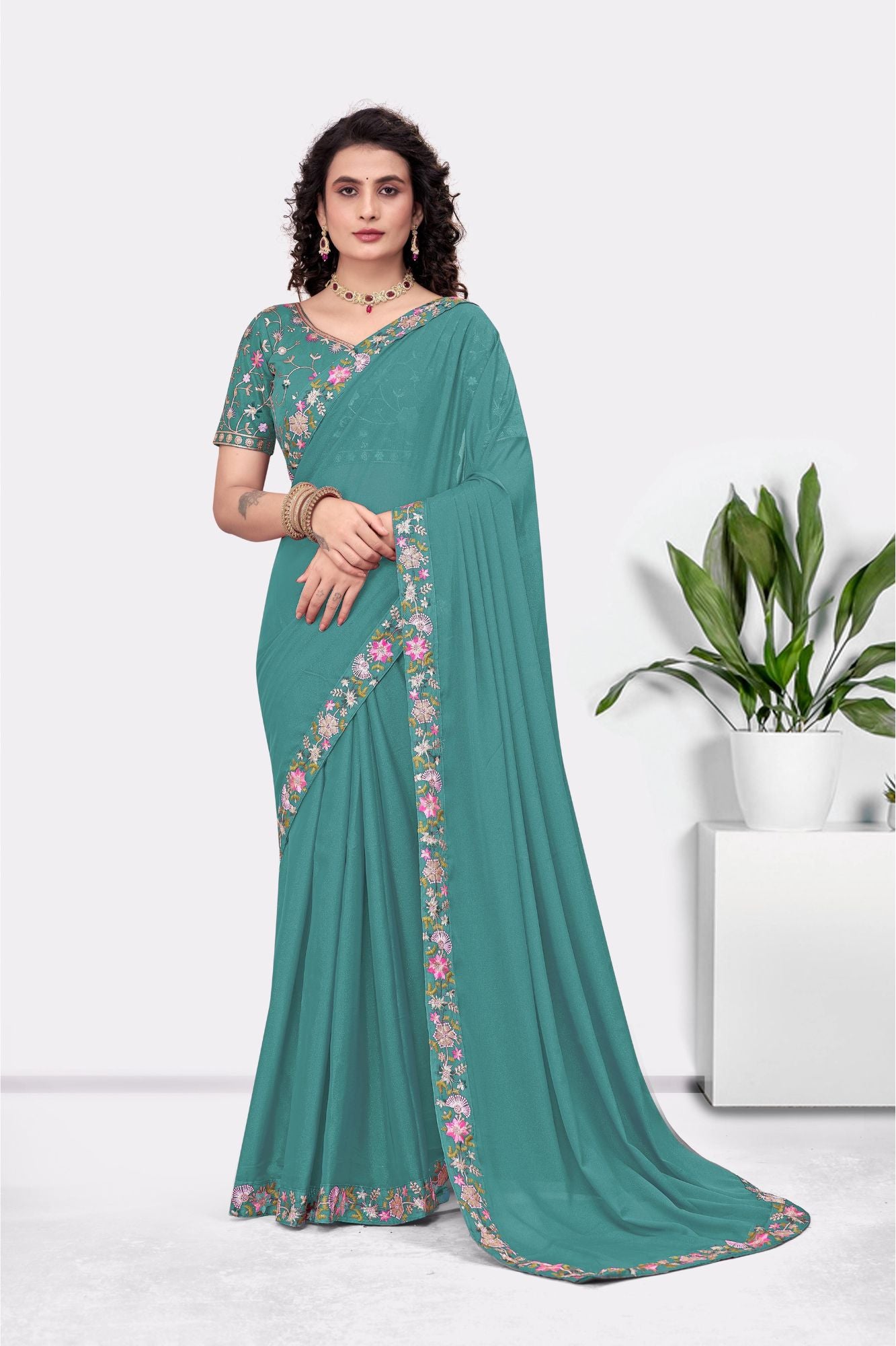 Embroidered Party Saree with Contrast Blouse