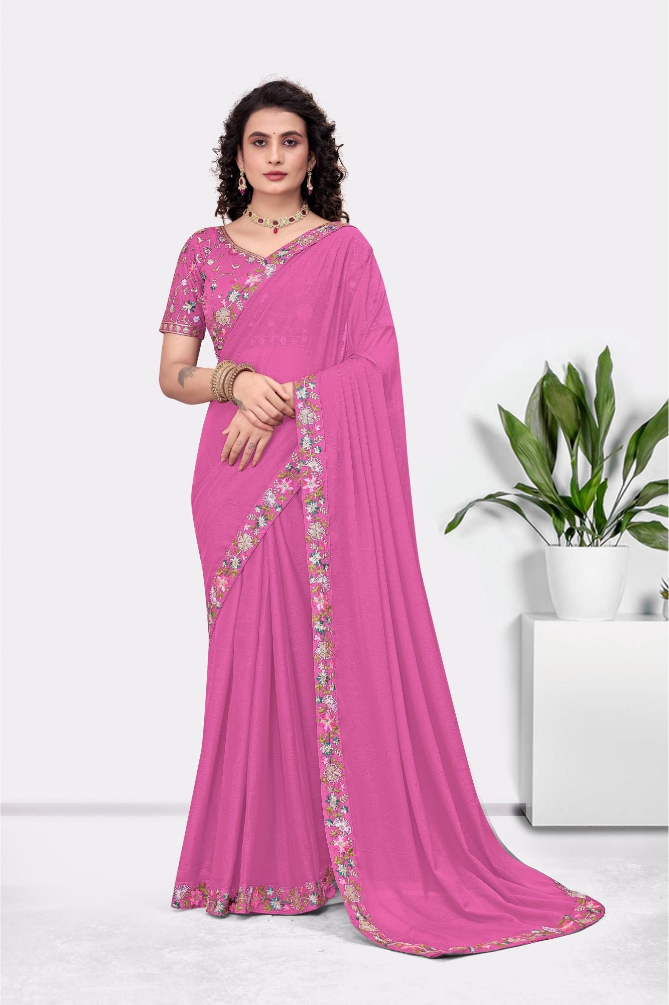 Embroidered Party Saree with Contrast Blouse