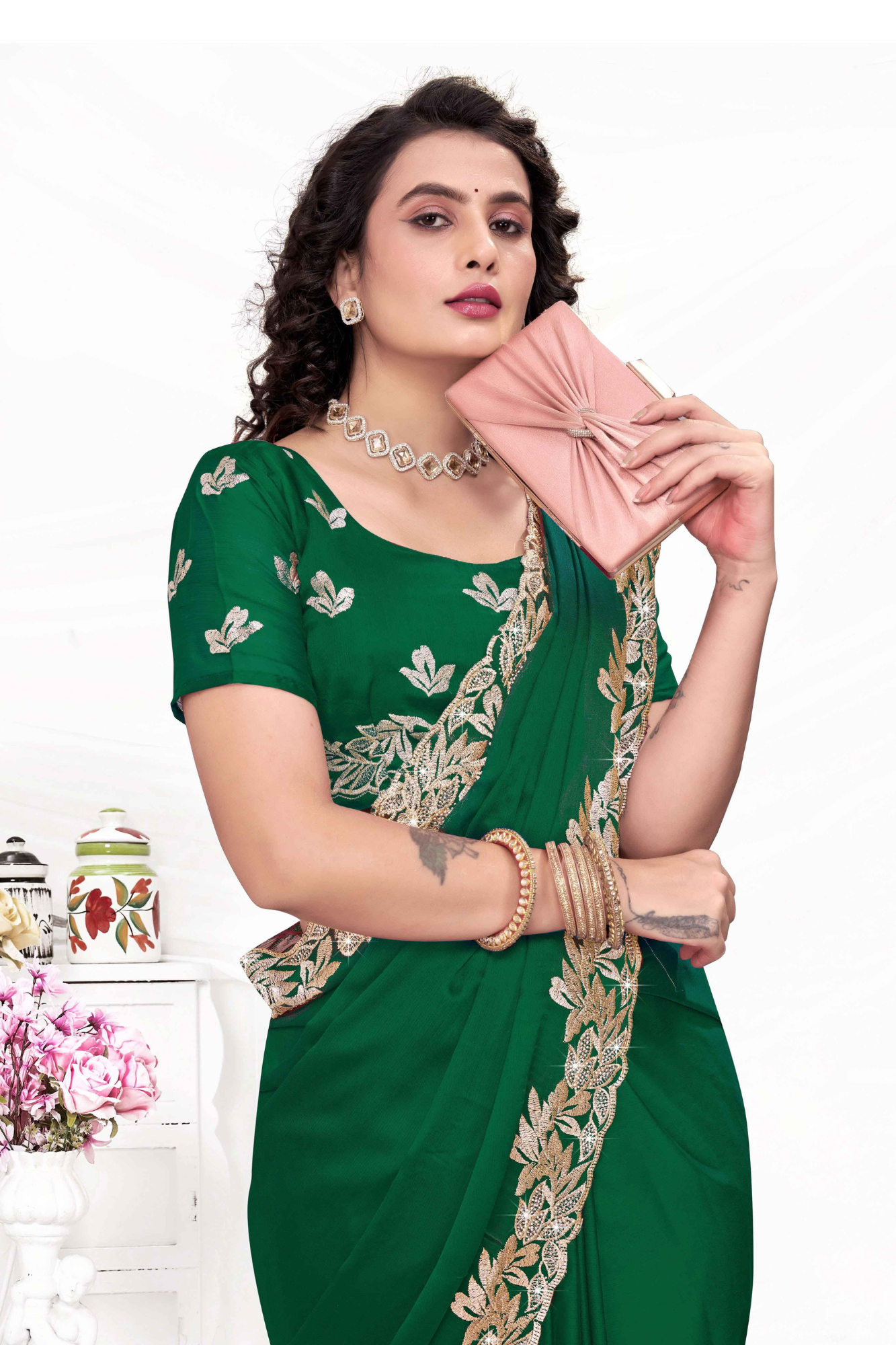 Embroidered Party Saree with Contrast Blouse