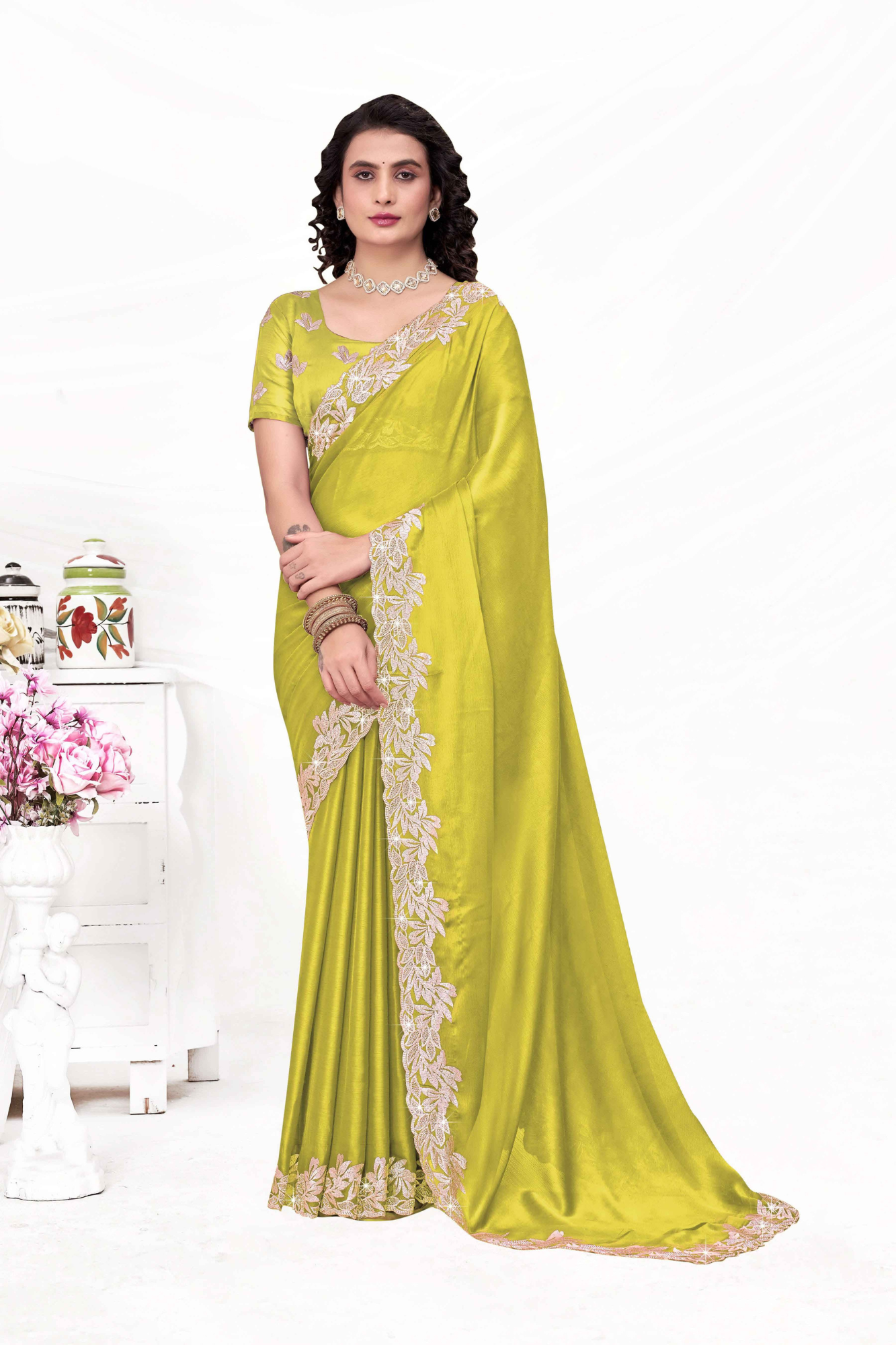 Embroidered Party Saree with Contrast Blouse