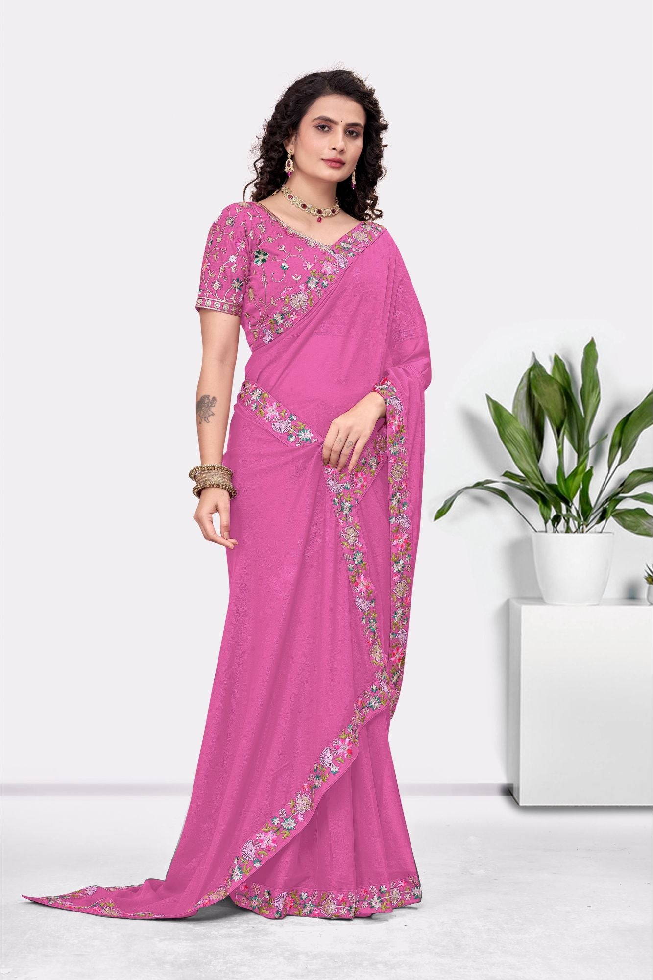 Embroidered Party Saree with Contrast Blouse