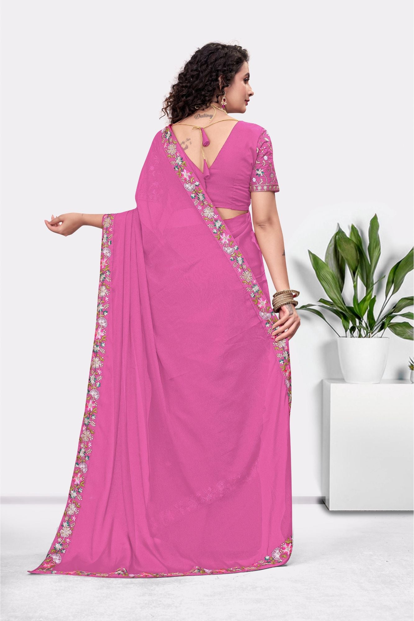 Embroidered Party Saree with Contrast Blouse