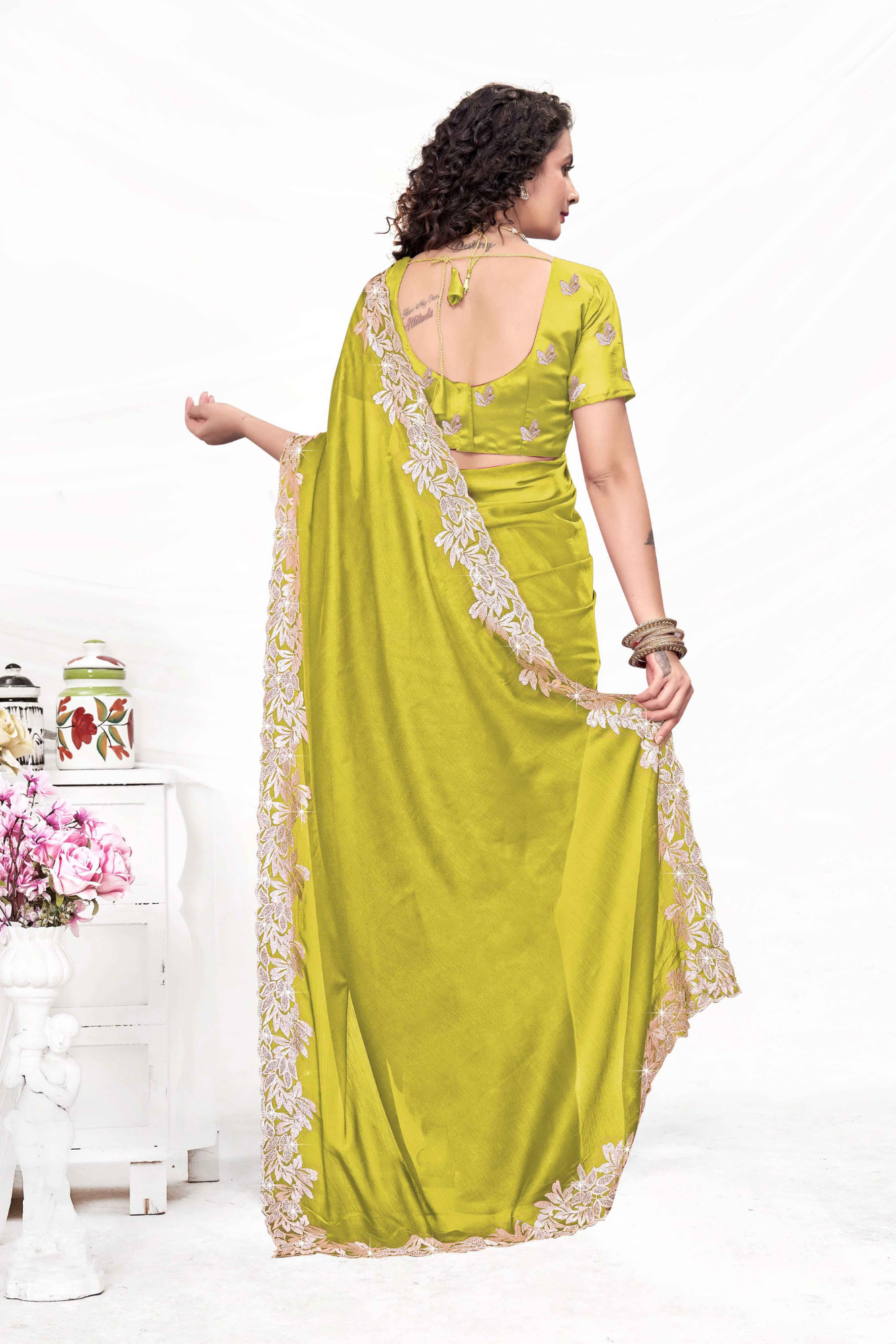 Embroidered Party Saree with Contrast Blouse