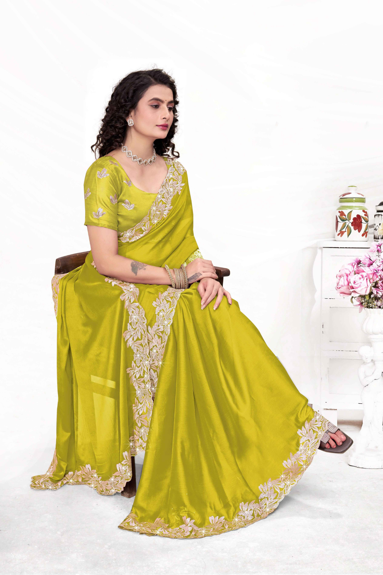 Embroidered Party Saree with Contrast Blouse