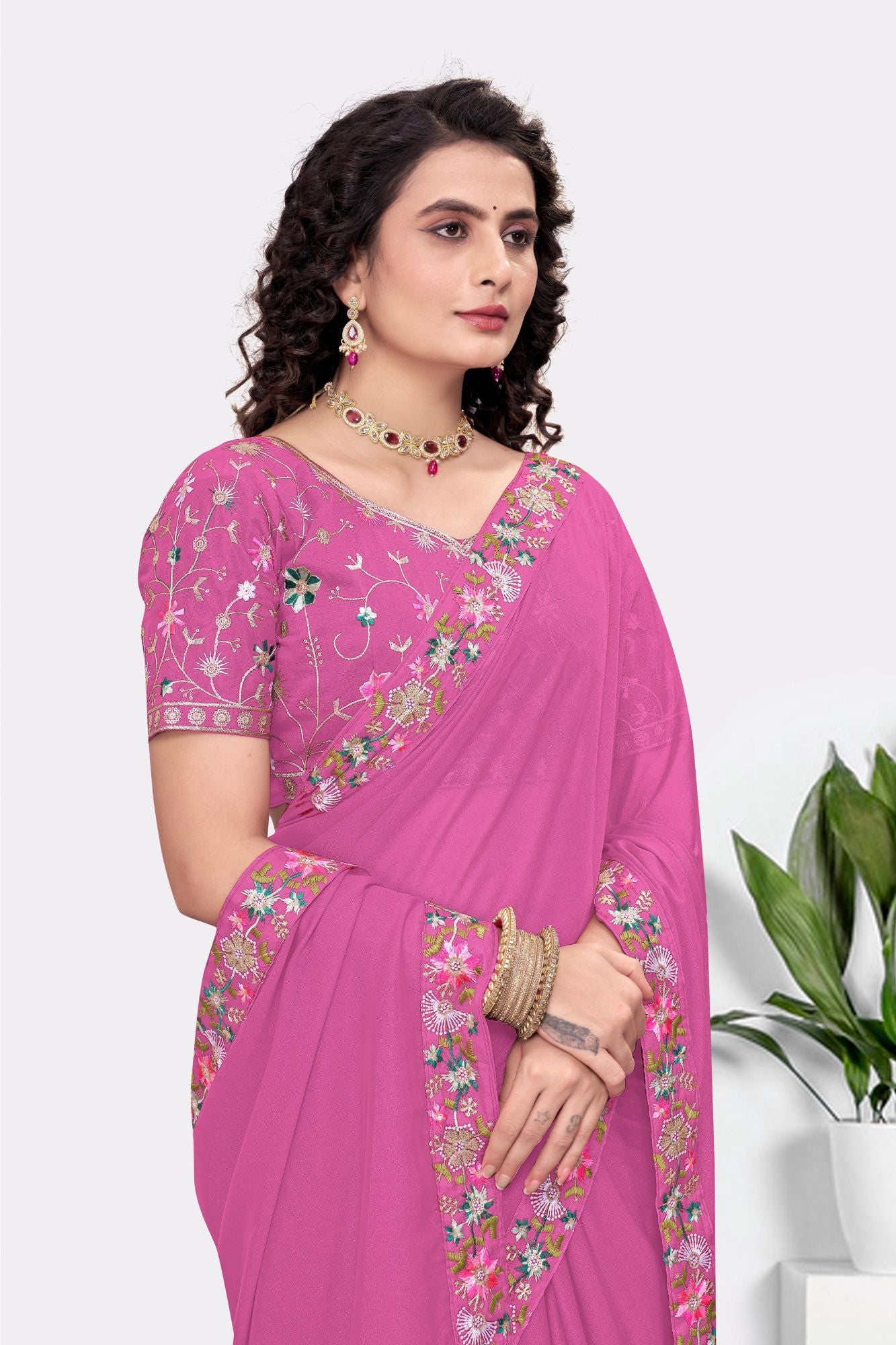 Embroidered Party Saree with Contrast Blouse