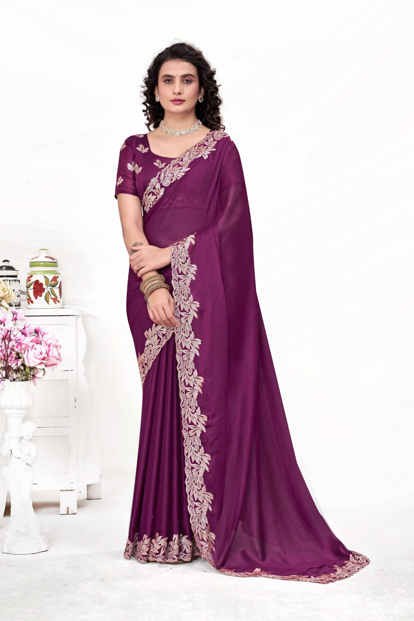 Embroidered Party Saree with Contrast Blouse
