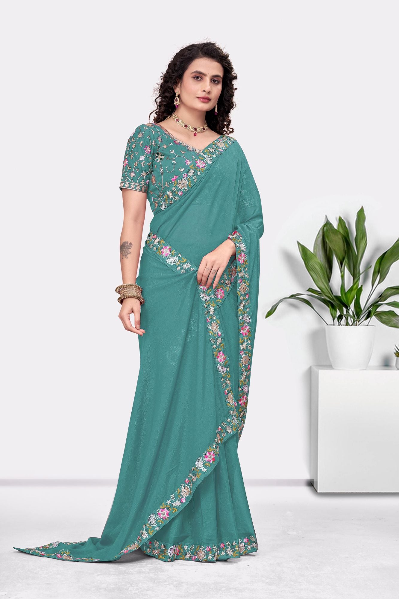 Embroidered Party Saree with Contrast Blouse