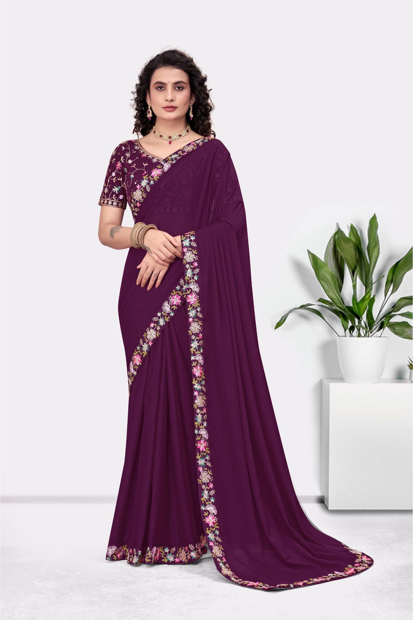 Embroidered Party Saree with Contrast Blouse