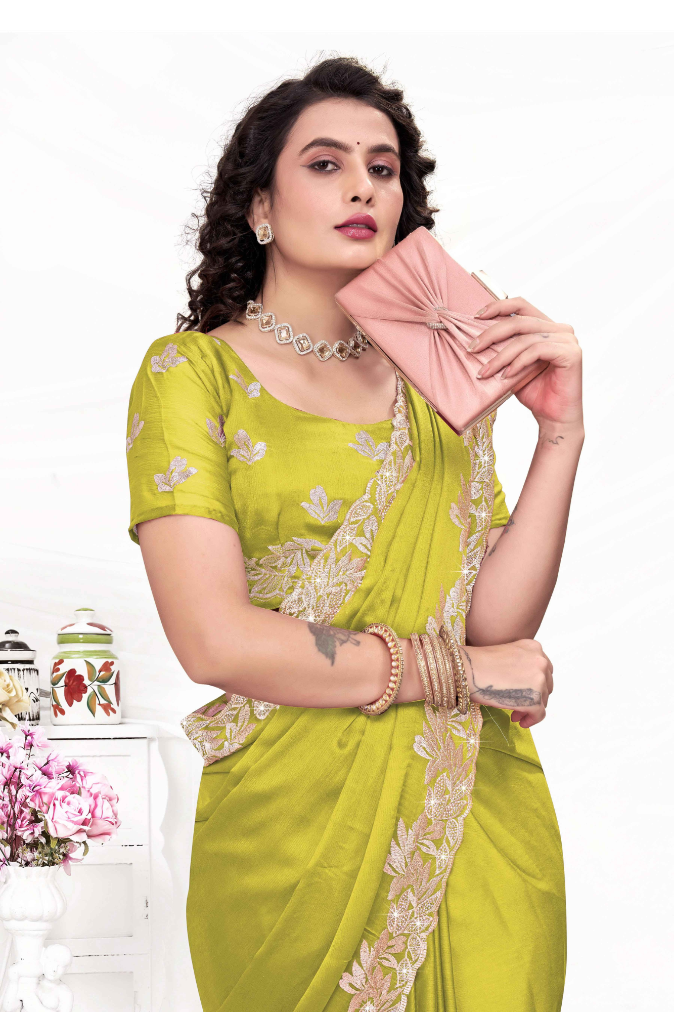 Embroidered Party Saree with Contrast Blouse