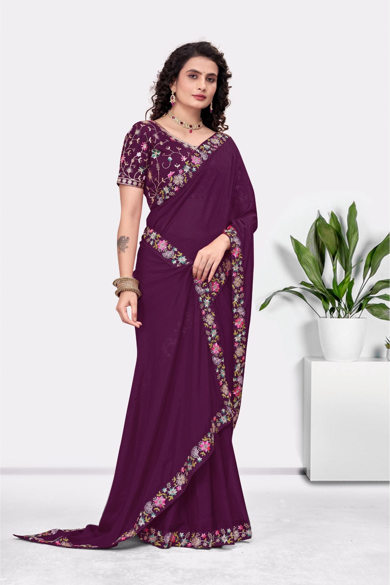 Embroidered Party Saree with Contrast Blouse