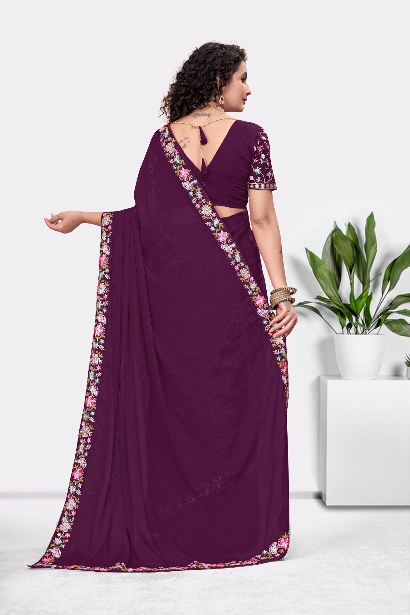 Embroidered Party Saree with Contrast Blouse